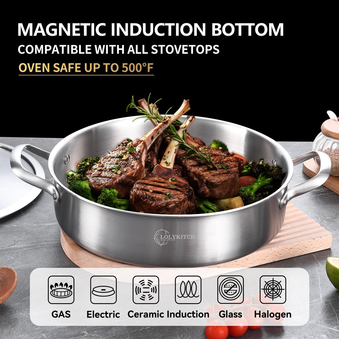 LOLYKITCH 8 Quart Stainless Steel Sauté Pan with Lid, Extra Large Deep Skillet, 13 Inch Triply Braiser Pot with Double Handles, Induction Jumbo Cooker for Family Meals, Oven Safe, 6-12 Servings