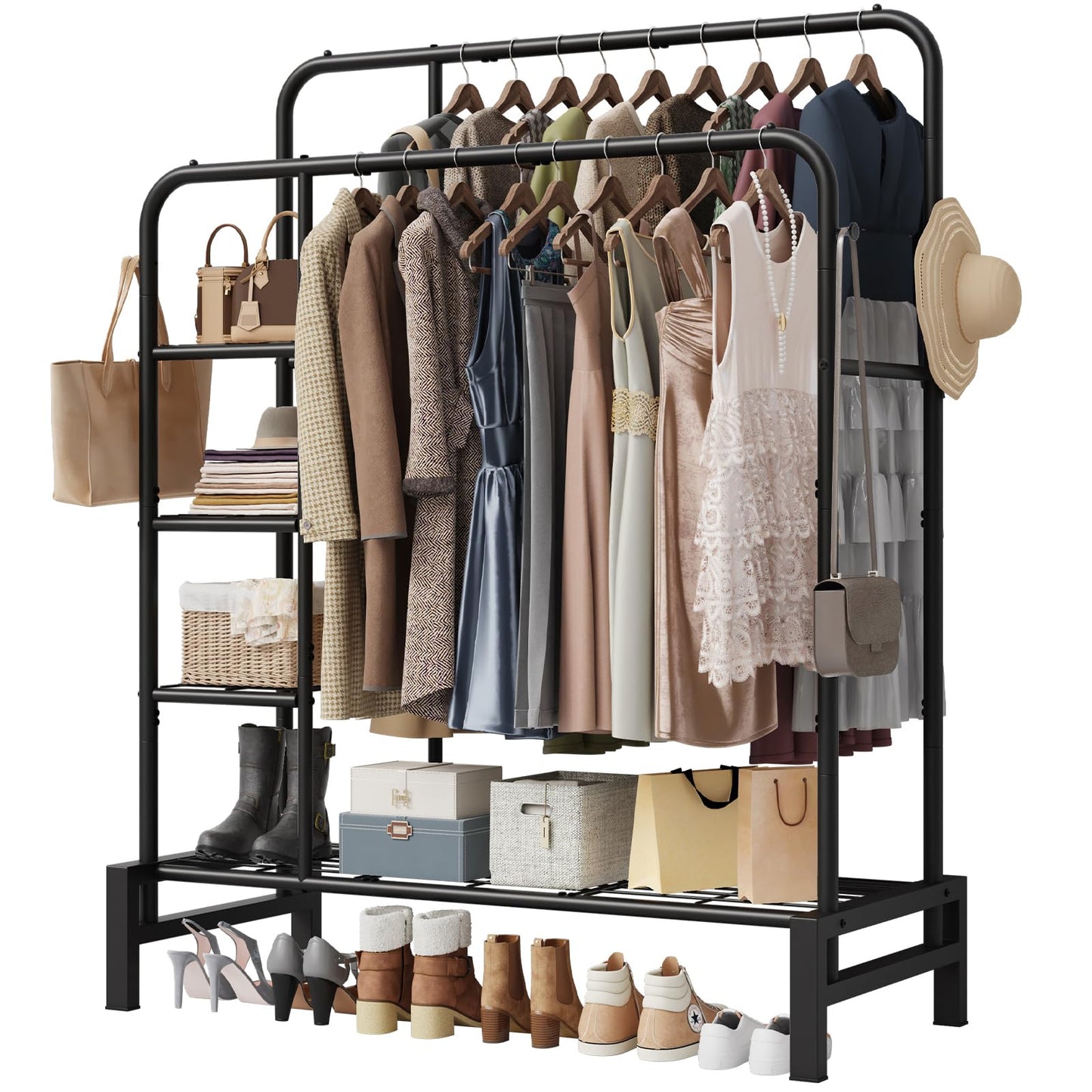 LZNIOZ Clothes Rack for Hanging Clothes, Double Rods Clothing Rack with 3 Tier Storage Shelves, Multifunctional Heavy Duty Garment Rack for Bedroom, Laundry, Wardrobe Closet, Black