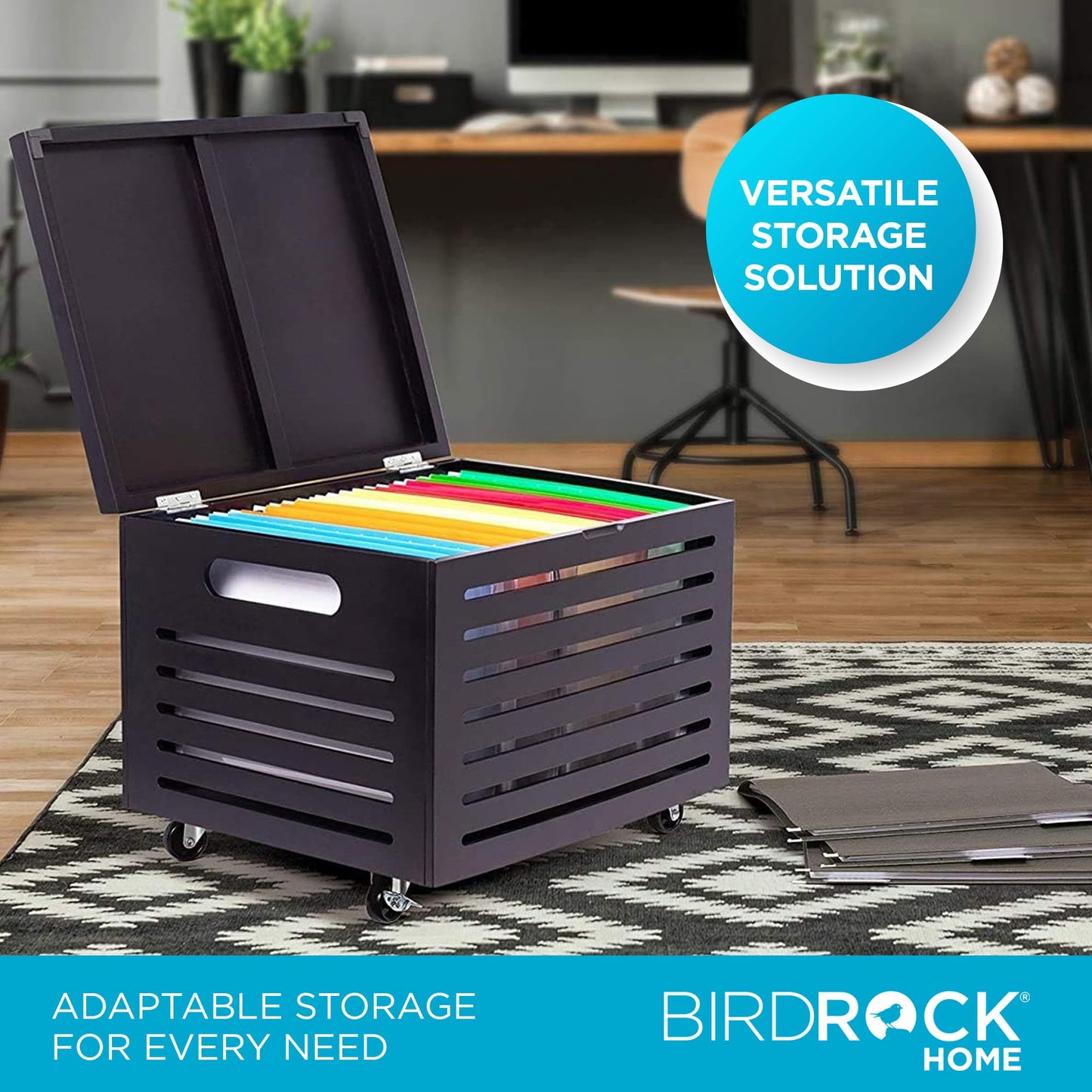 BIRDROCK HOME Bamboo Rolling File Storage Organizer Box with Lid - Decorative File Cabinet on Wheels, Portable File Box on Wheels, Mobile Filing Solution - Café Noir