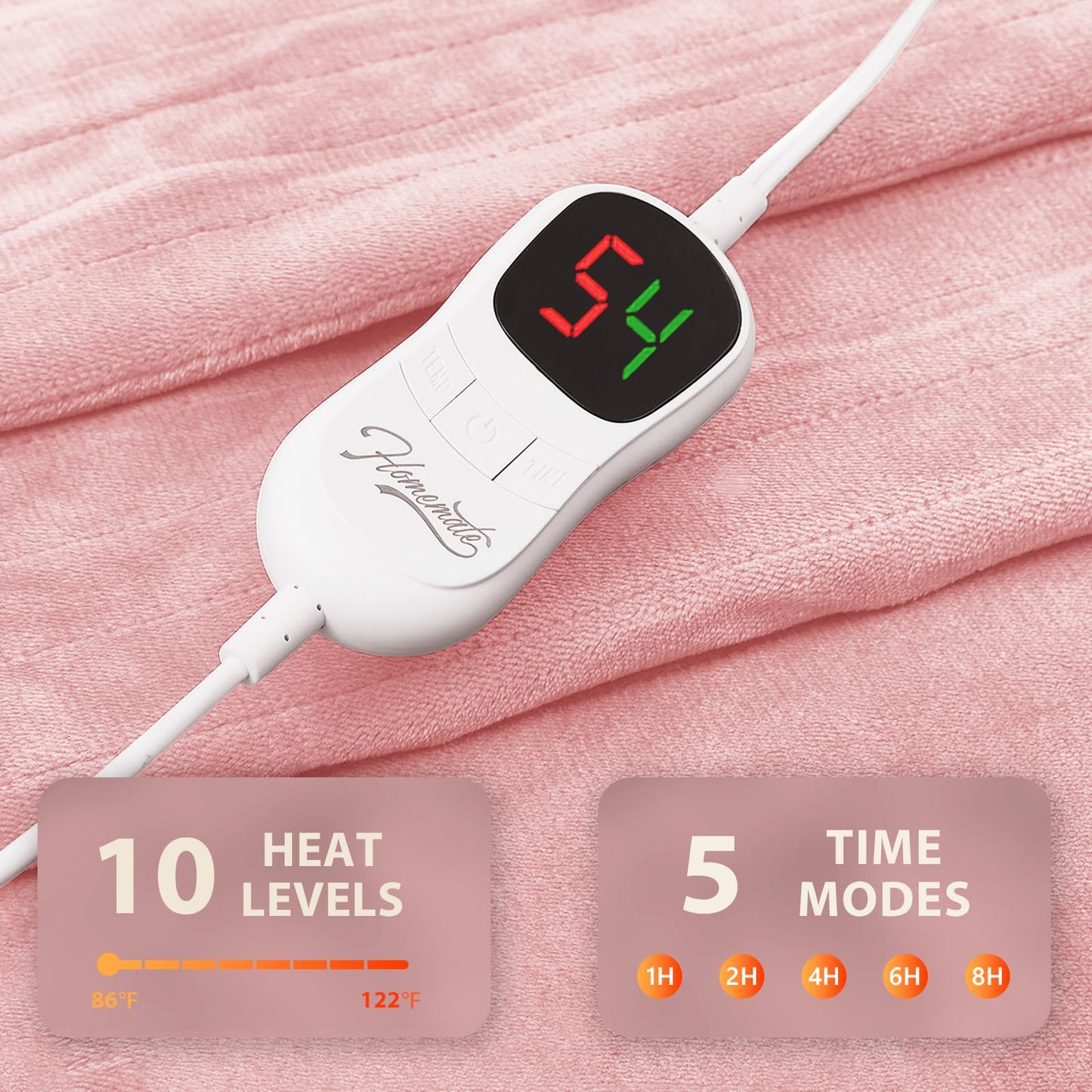 Homemate Heated Blanket Electric Throw - 50"x60" Heating Blanket Throw 1/2/4/6/8 Hours Auto-Off 10 Heat Level Over-Heat Protection Flannel Sherpa ETL Certification