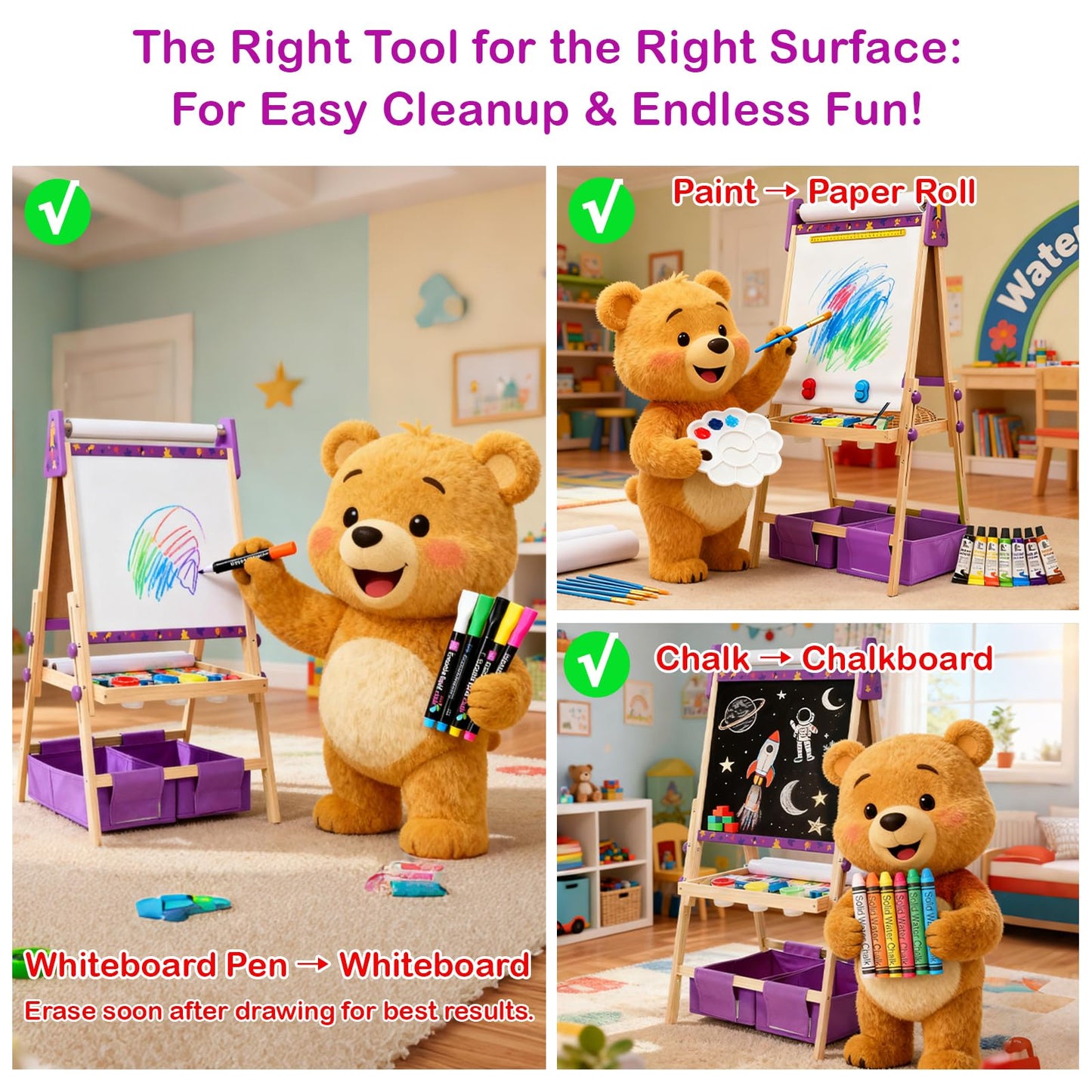 Art Easel for Kids with 3 Paper Roll, Magnetic Whiteboard and Chalkboard,Adjustable Standing Wooden Toddler Easel for Painting Double Sided,3in1 Painting Easel for Kids 2-4 4-8 Boys Girls Gift Purple