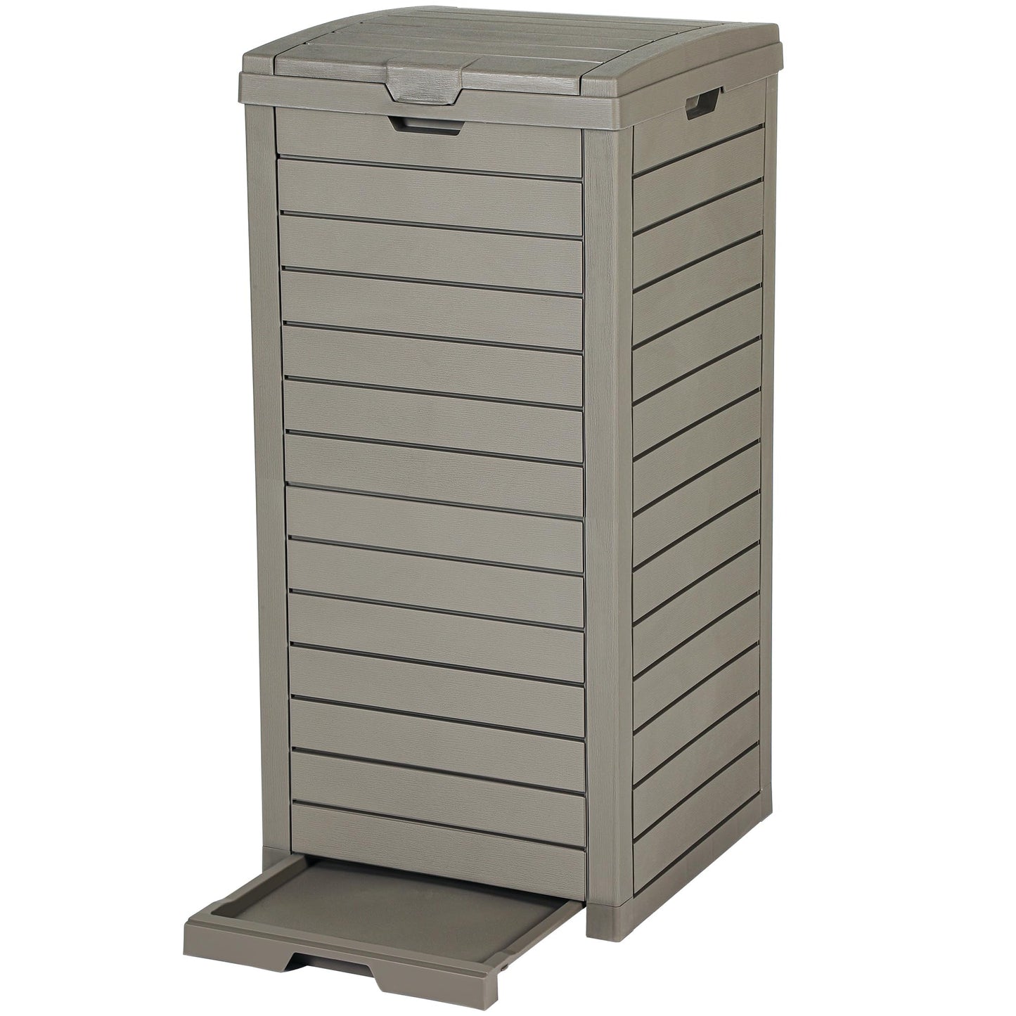DWVO 38 Gallon Large Outdoor Trash Can, Waterproof Resin Hideaway Garbage Bin with Lid and Drip Tray, Outside Trash Bin for Porch, Backyard, Deck, Patio, Poolside, Easy to Clean, Taupe