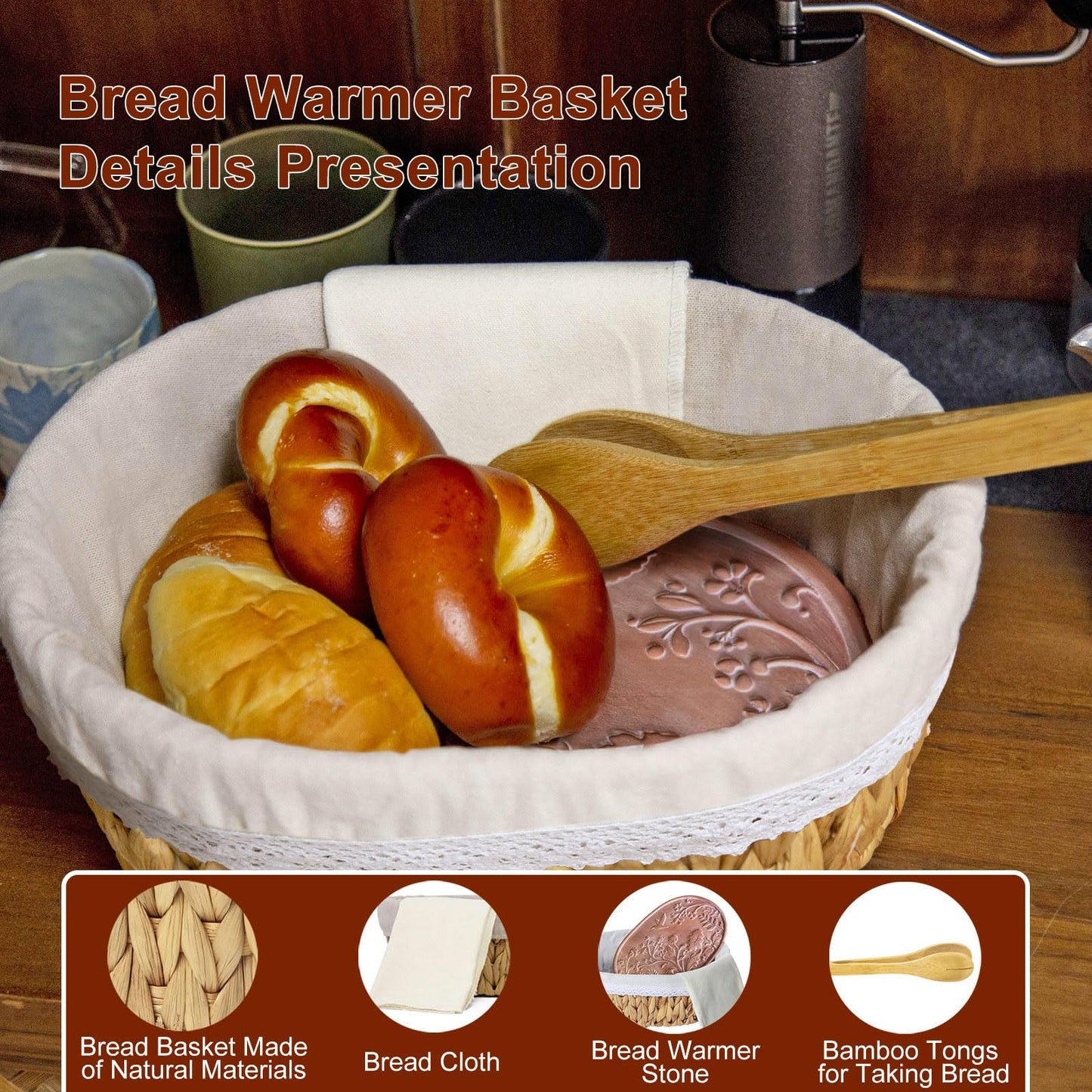 Bread Warmer Basket with Stone - Large Bread Baskets for Serving/House Warming Gifts New Home for Women/Kitchen Gifts for Bakers Hostess