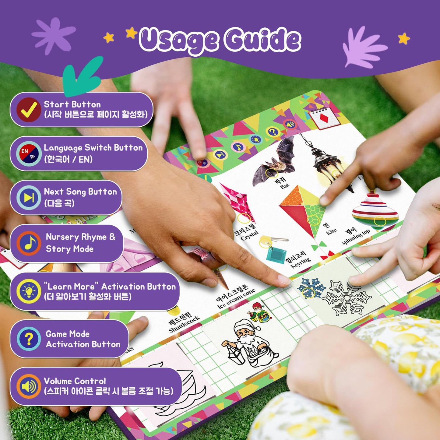 biidi English & Korean Bilingual Sound Book Colors & Shapes | 1200+ Sounds Songs Stories | Erasable Drawing Rechargeable | Toddler Learning Toy Gift for Kids 2-6 Years Old | Preschool Educational Toy