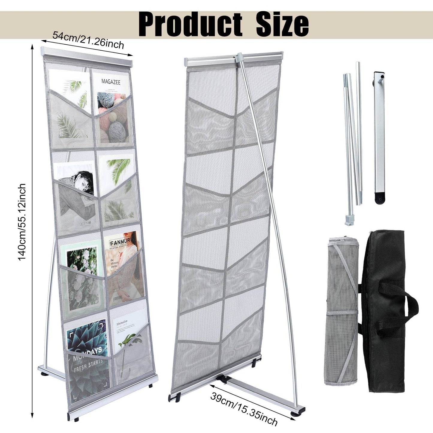 Outus Mesh Literature Brochure Holder with 8 Pocket Portable Magazine Display Roll Up Magazine Rack Lightweight Floor Standing Catalog Office Brochure Display Stand for Business Trade Shows