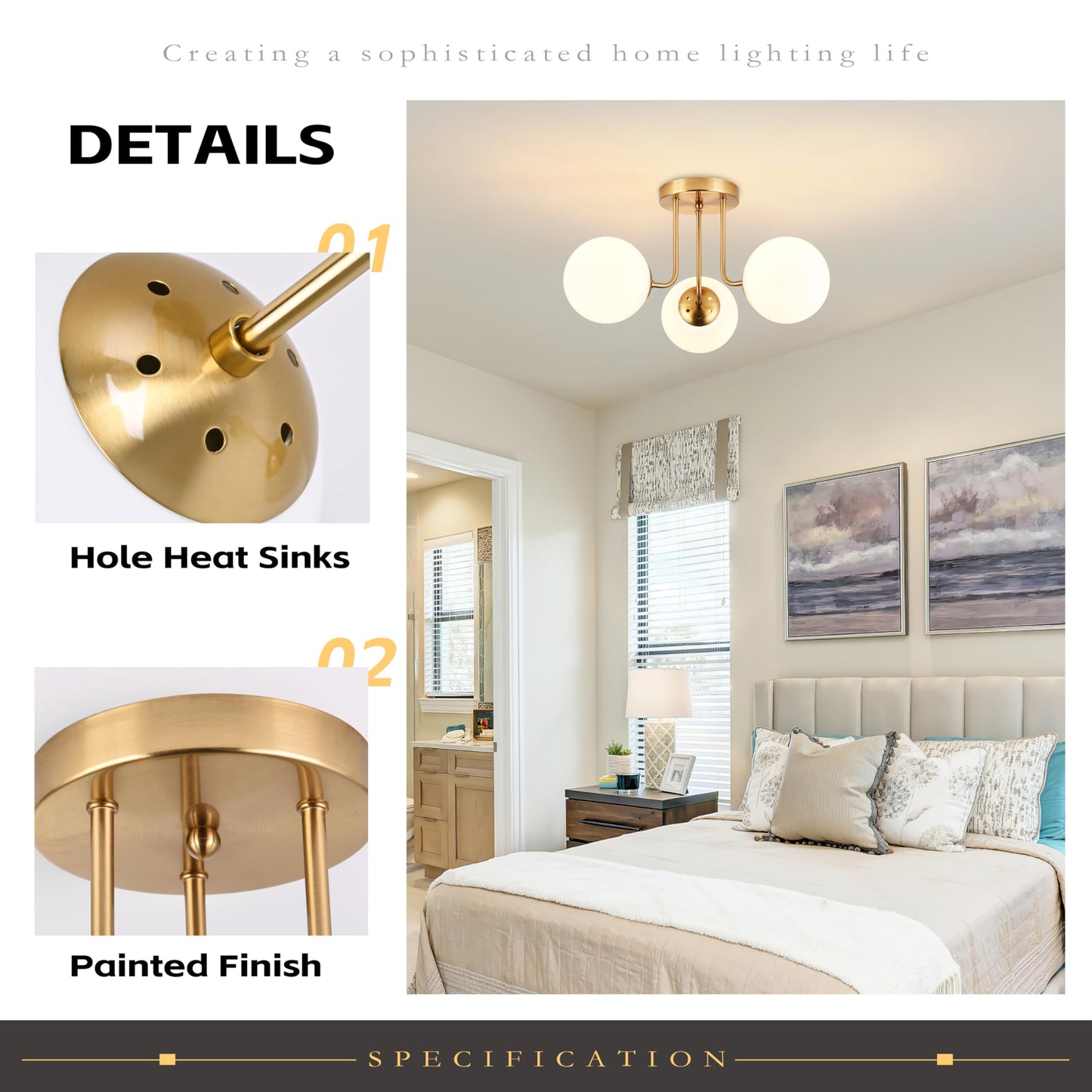 KoKo&Yukina 3-Light Semi Flush Mount Ceiling Light Globe Ceiling Light Mid Century Ceiling Light with Opal Milk Glass Globe & Brushed Brass for Bedroom Hallway Entryway Kitchen Living Room-Bulb Incl