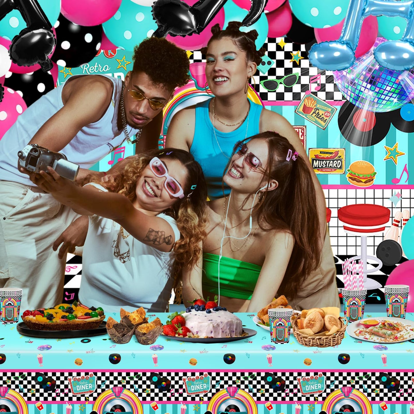 Lecheme 50s Party Decorations 280 PCS 50s Theme Party Decorations Sock Hop Backdrop Disco Balloons 50s Plates Napkins Cups Tablecloth Music Party Supplies Photo Booth Props
