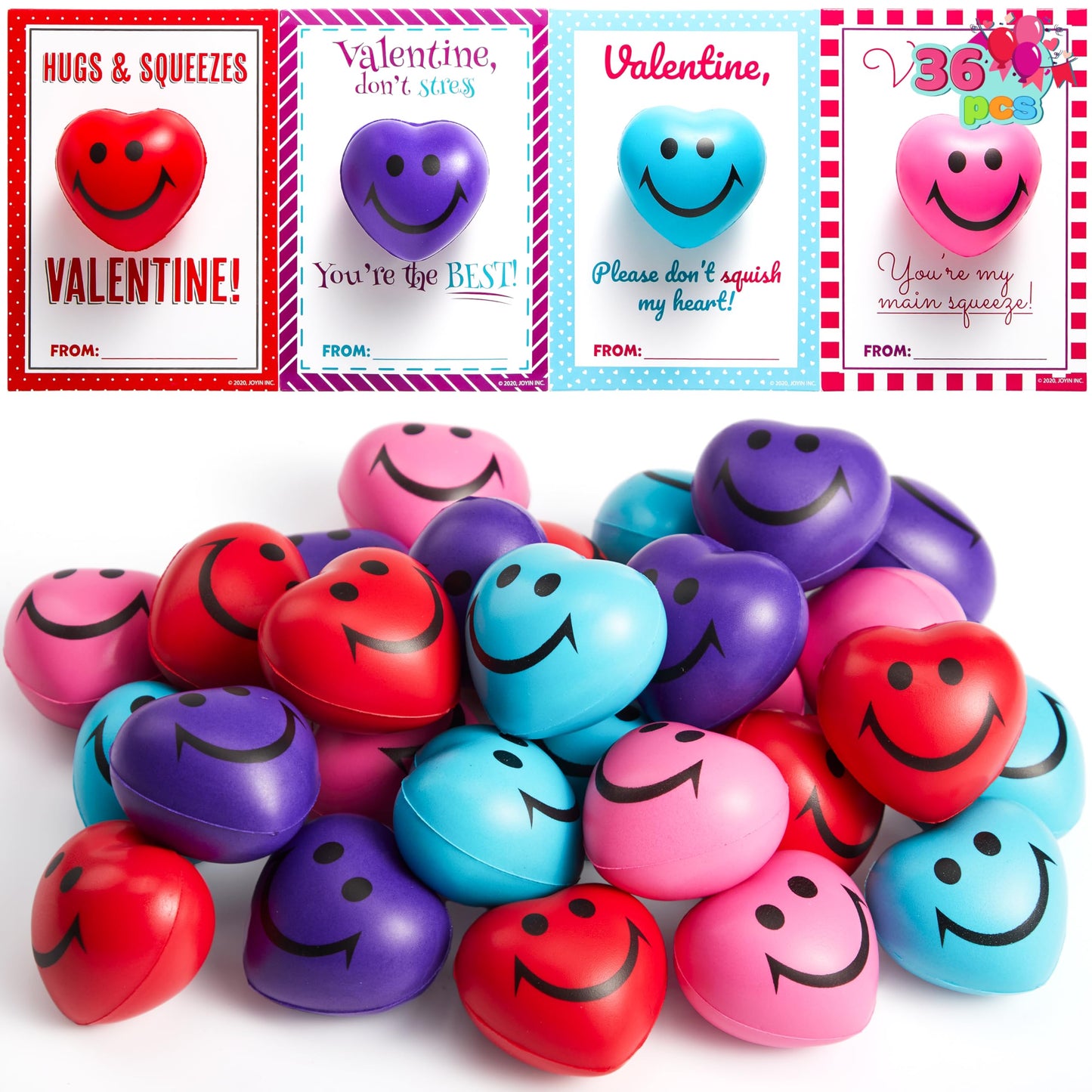 JOYIN 28 Packs Heart Shape Stress Balls with Cards, Stress Relief Fidget Toys for Valentine Party Favors & Classroom Prizes