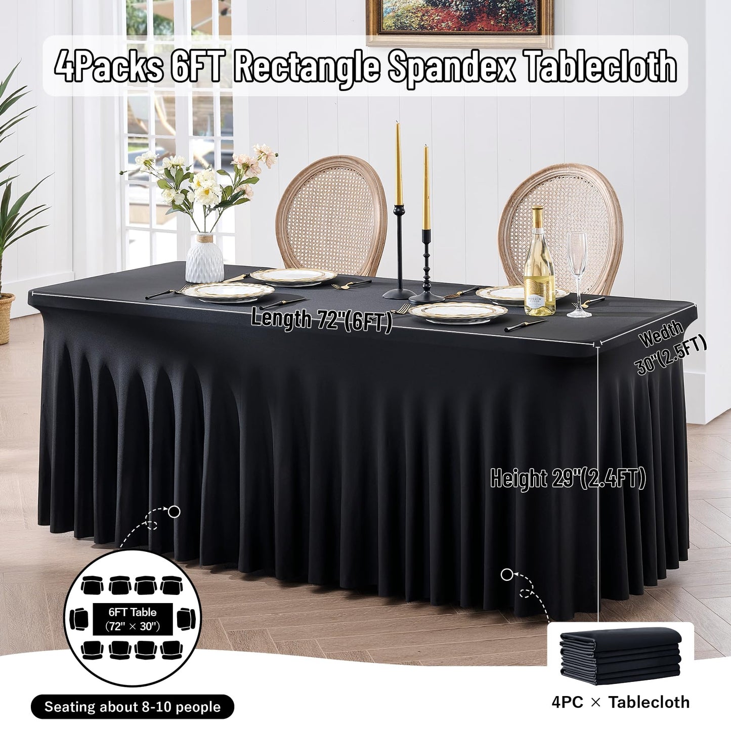 leegleri 4 Pack Black Spandex Table Cloths for 6 Foot Rectangle Tables, Wrinkle Free Stretch Fitted Tablecloths 6ft, Black Banquet Tablecloth with Skirt for Parties Weddings Birthday
