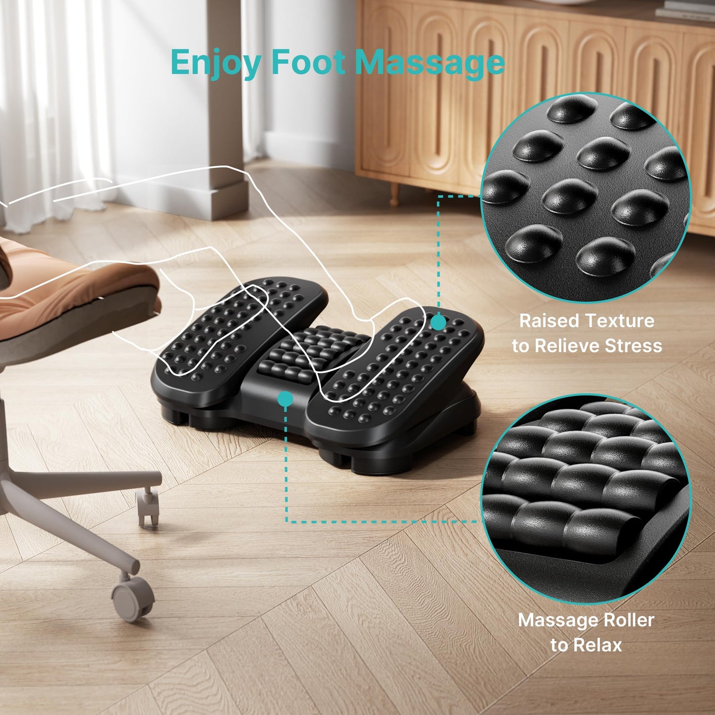 PEGZONE Foot Rest Under Desk with Massage Texture and Roller, Ergonomic Foot Stool with 2 Height Position, Adjustable Foot Rest for Under Desk at Work, Black