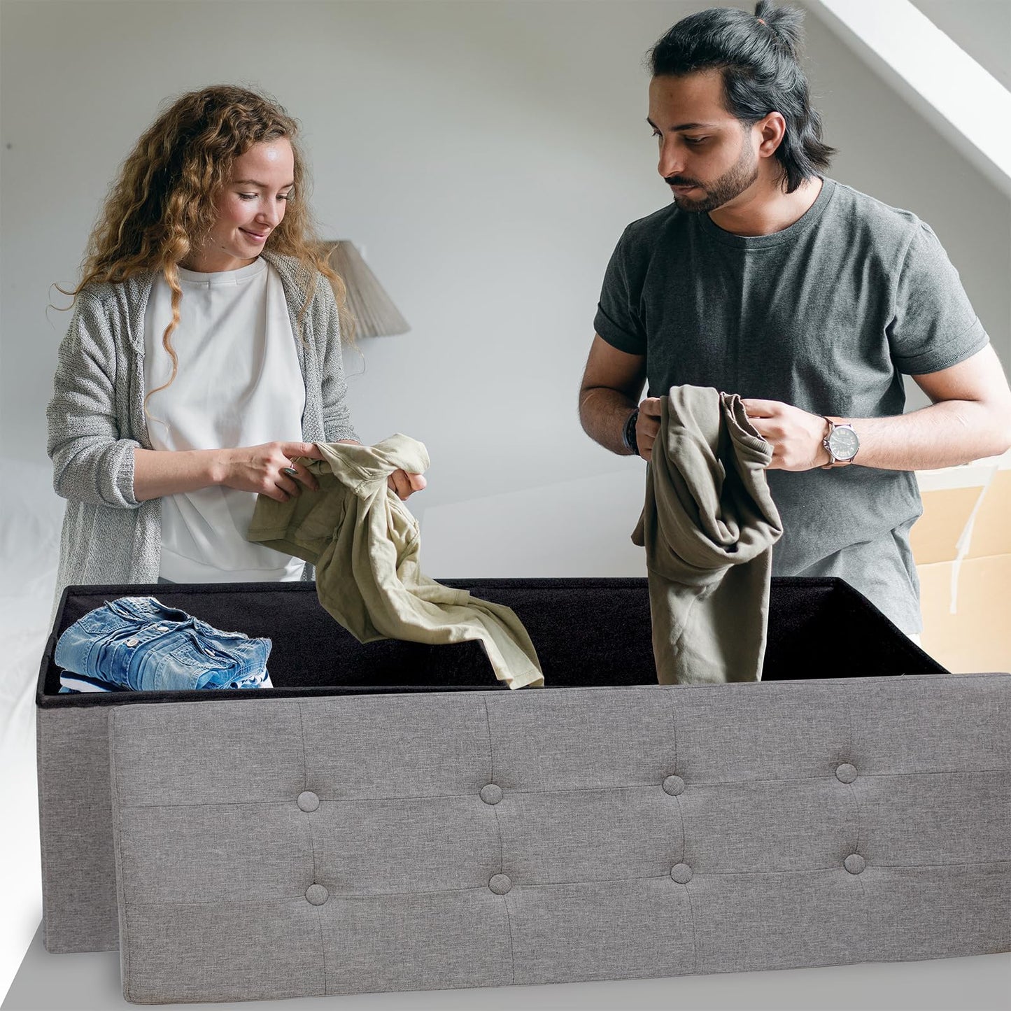 GLAXYFUR 43.3 inches Folding Storage Ottoman Bench Storage Chest Footrest for Bedroom, Entryway and Living Room, Holds up to 660 lb Dark Grey