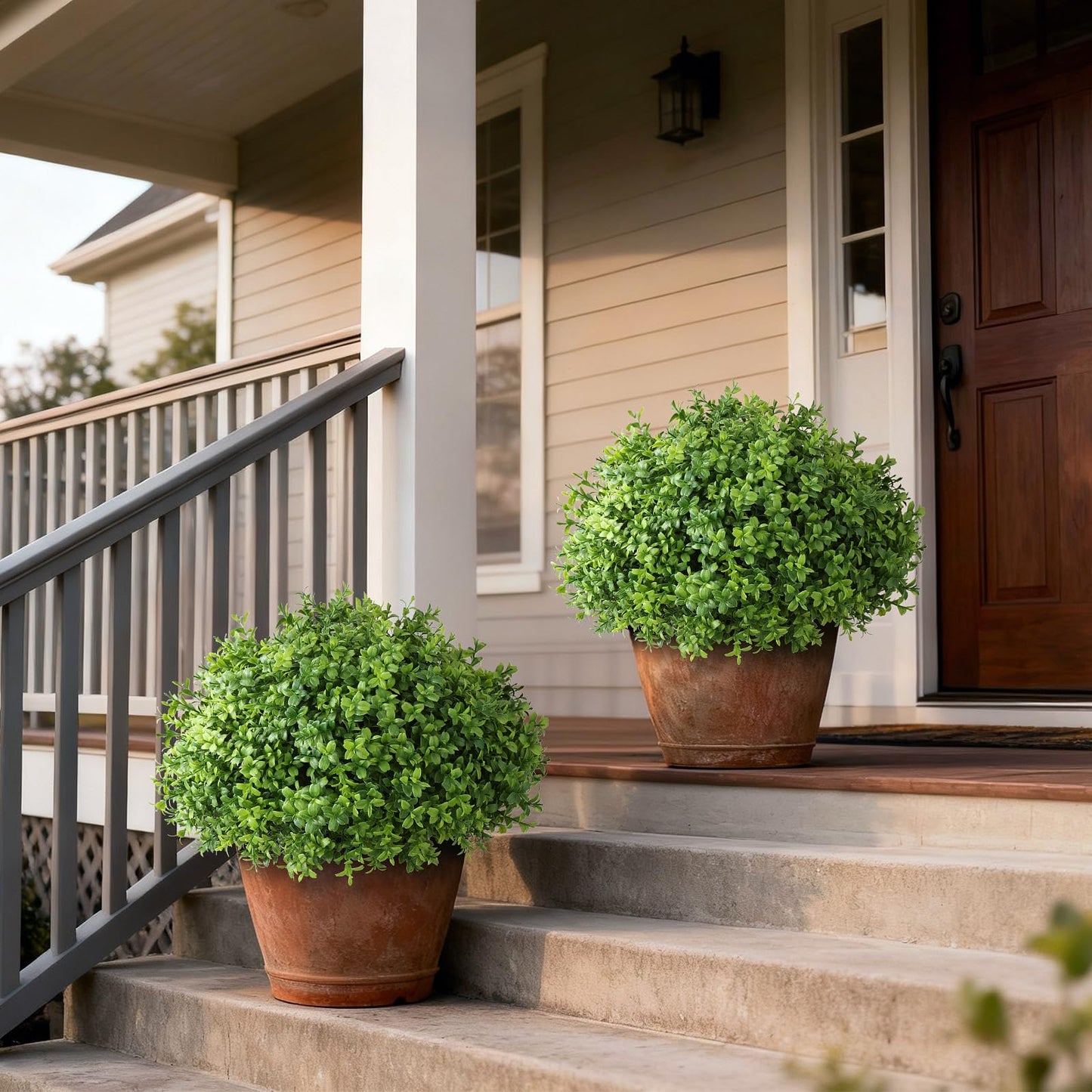 Set of 2 Artificial Boxwood Topiary Ball Trees - UV Resistant Faux Boxwood Potted Plants, Spring Summer Greenery Fake Bushes for Front Door Farmhouse Garden Porch Outdoor Decor