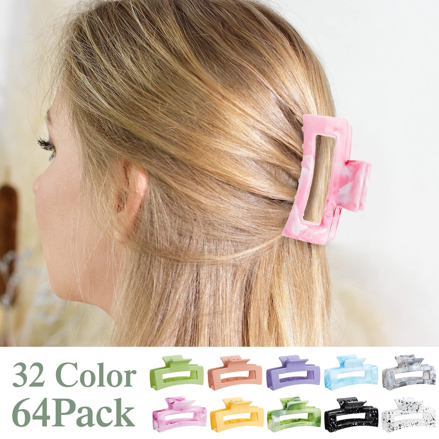 Cindeer 64 Pcs Medium Hair Accessories Set - Matte Rectangle Claw Clips, Thin Clamps for Thick Hair (Multicolor, 3.35 Inch)