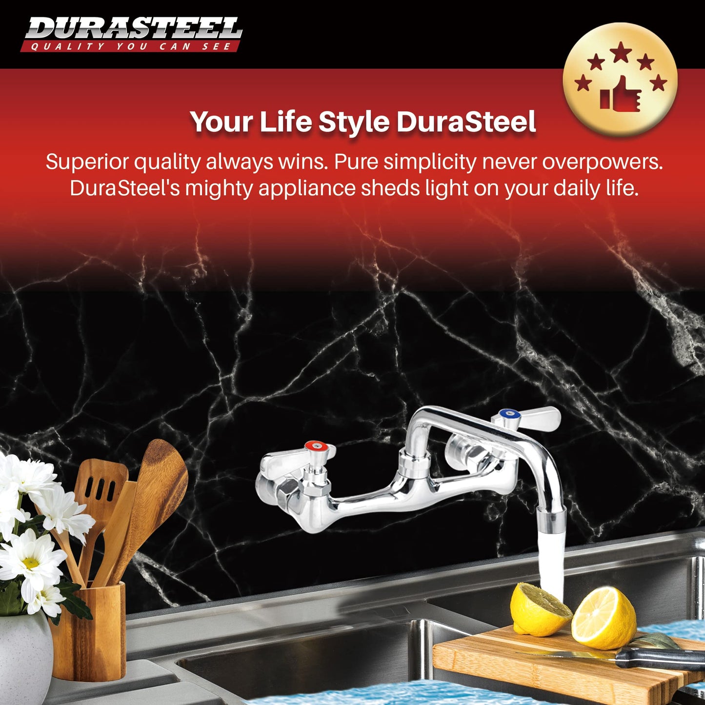DuraSteel Kitchen Sink Faucet Wall Mount - DuraSteel 8" Center Commercial Kitchen Sink Faucet with 12" Swivel Spout - Dual Lever Handles - Brass Constructed & Chrome Polished