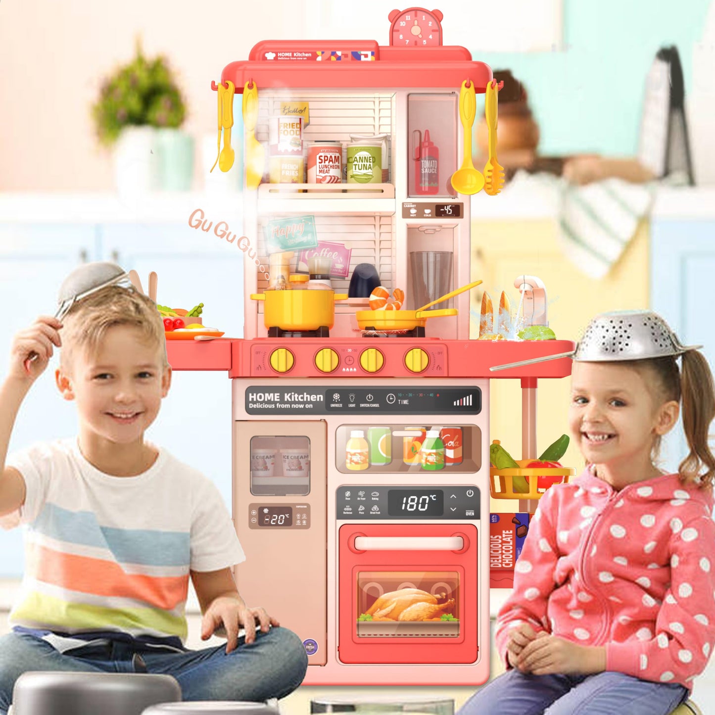 Kids Kitchen Play Set，Interactive Kids Kitchen Play Set with 50Pcs of Pretend Kitchen Toys，Realistic Sound Effects，and Simulated Functionality - Suitable for Toddlers Aged 3-5 Years(Pink)