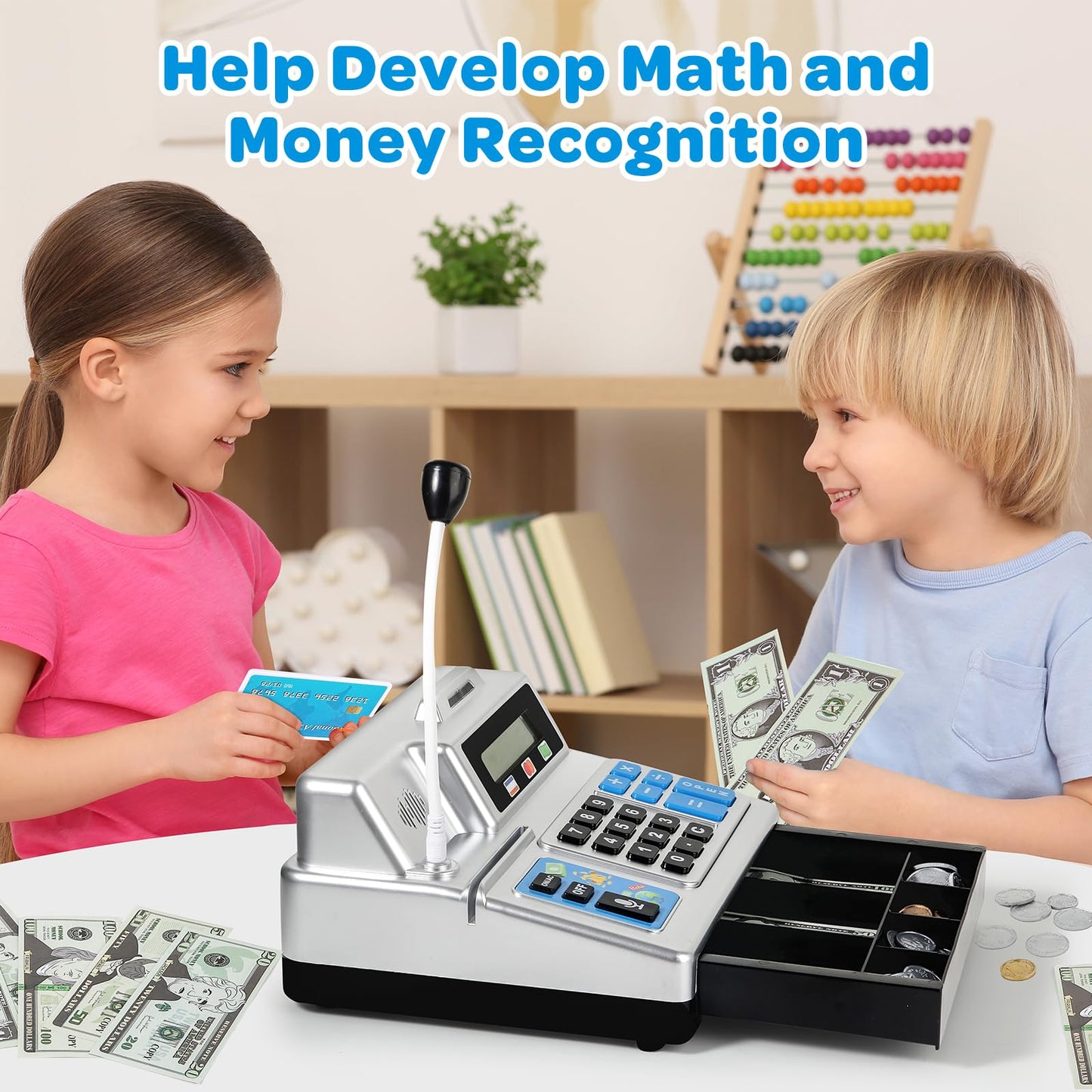 Calculator Cash Register - 103 Pcs Toy Cash Register, Store Playset with Microphone, Credit Card and Banking for Kids