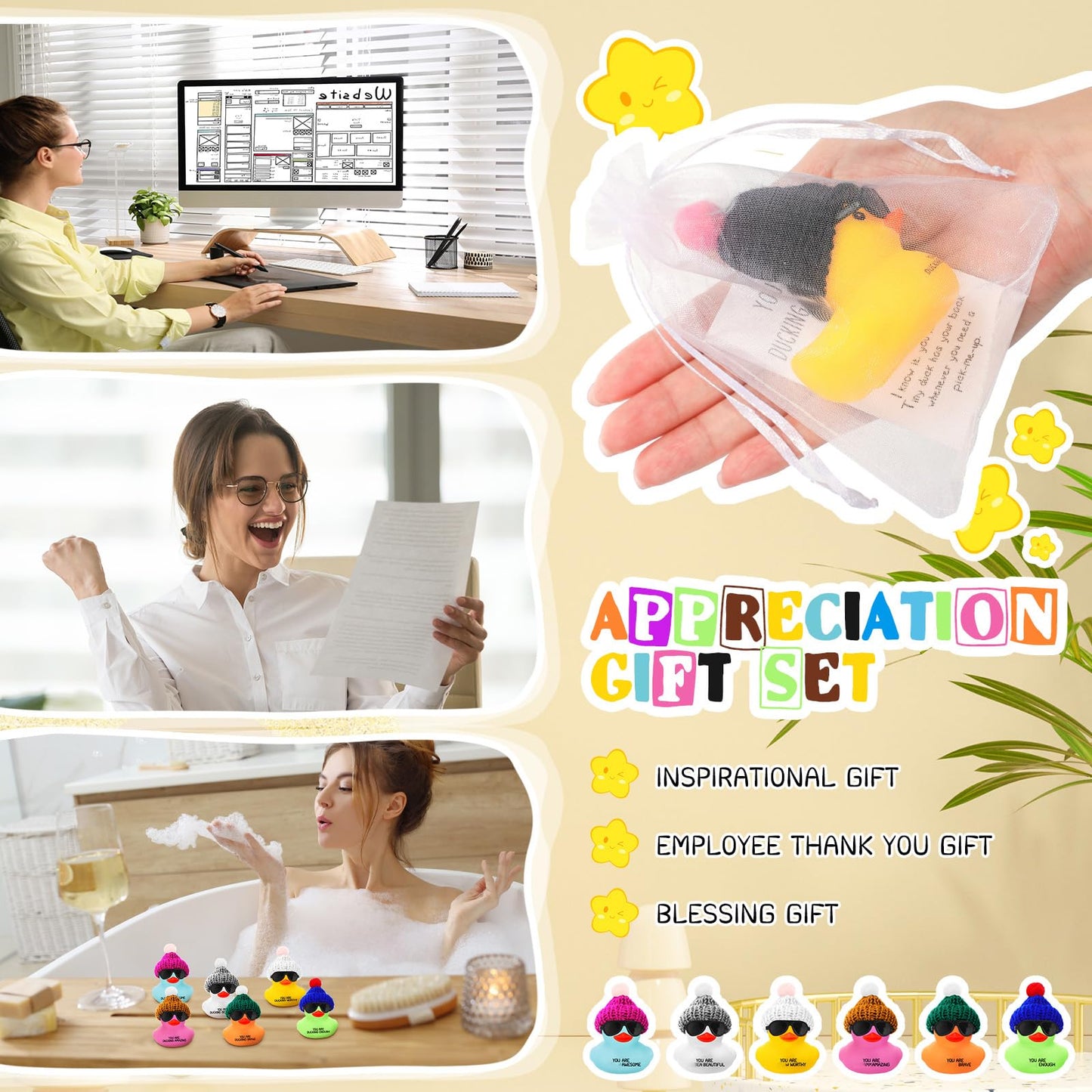 Liliful 96 Set Employee Appreciation Gift Bulk for Coworker Inspirational Mini Rubber Ducks with Glasses You are Awesome Sign You're Kind Cheer up Card Thank You Gift for Staff Team Teacher Women