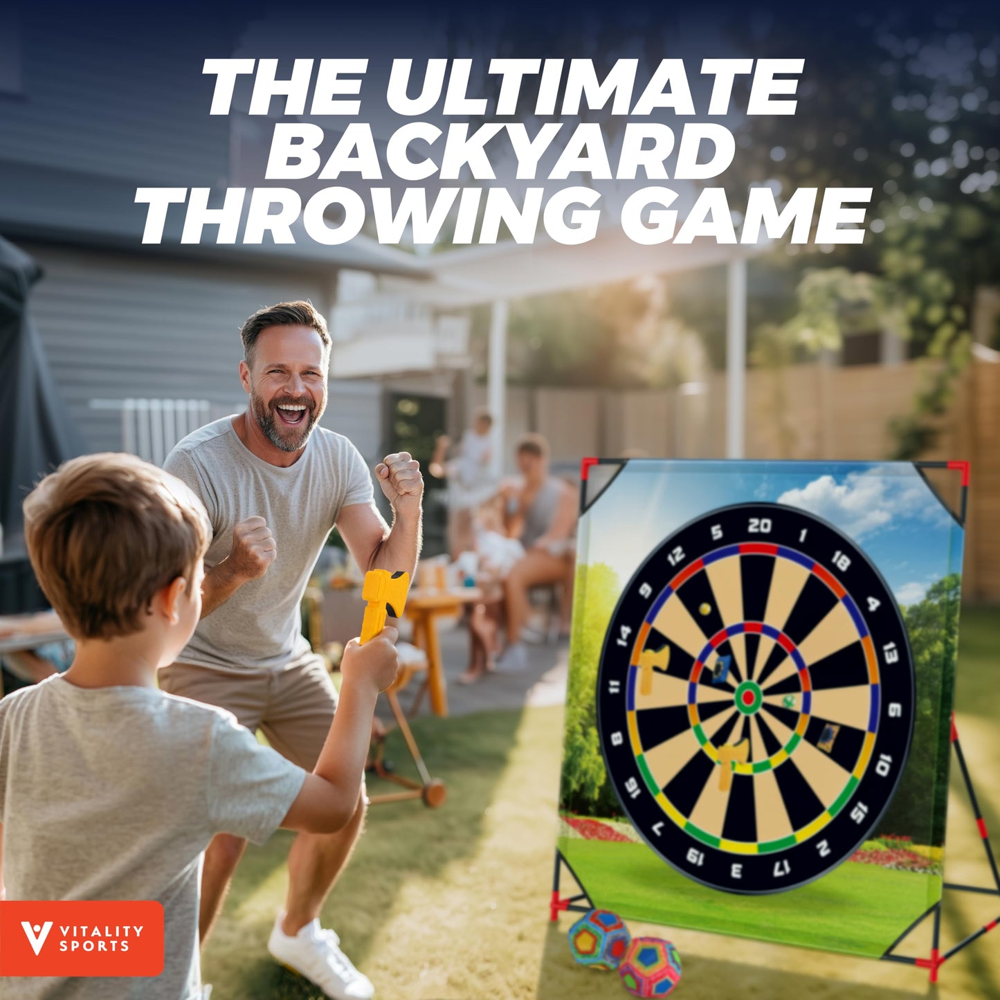 Vitality Sports Golf Chipping Game with Stand - Golf Target Battle Games with Putting Mat, 12 Sticky Balls, 6 Axes, 2 Soccer Balls, 8 Bean Bags, Axe Throwing Game for Backyard