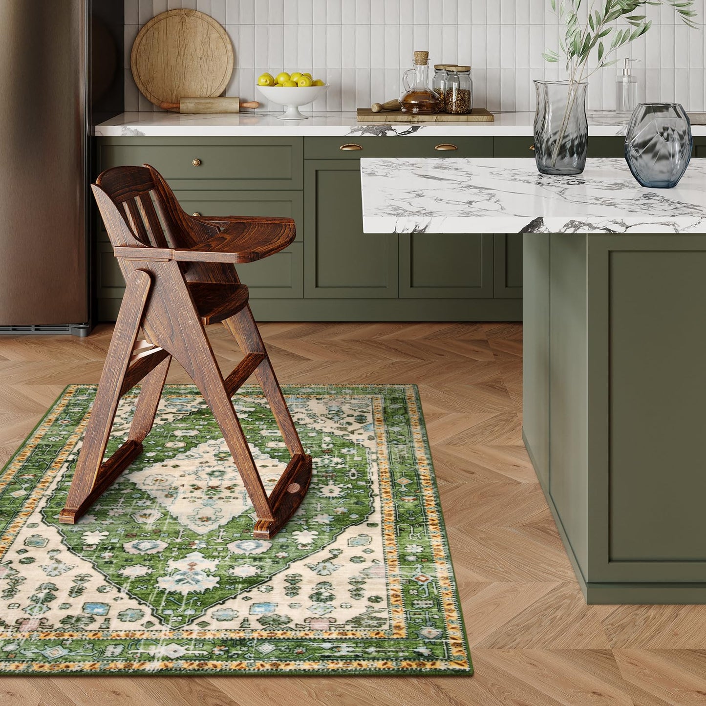 Lahome Boho Tribal Area Rug - 4x6 Green Machine Washable Bedroom Rugs for Living Room, Disstressed Soft Non Slip Indoor Nursery Floor Mat Carpet for Kitchen Table Home Office Camper RV Bar