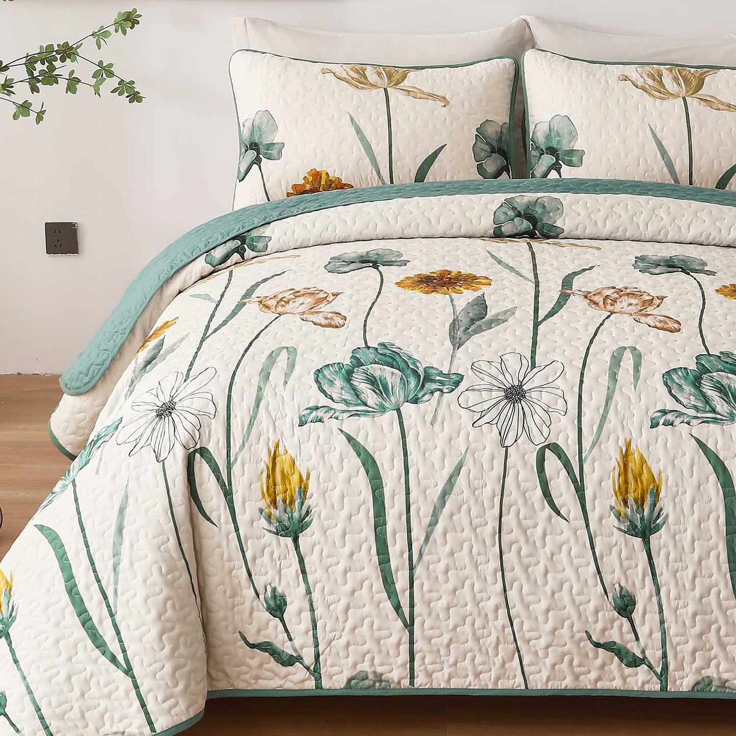 WONGS BEDDING Floral Quilt Set Queen,Green Yellow Floral Botanical Bedspread Bedding Set with 2 Pillowcase,Spring Summer Lightweight Farmhouse Coverlet Set for All Season (96"x90")