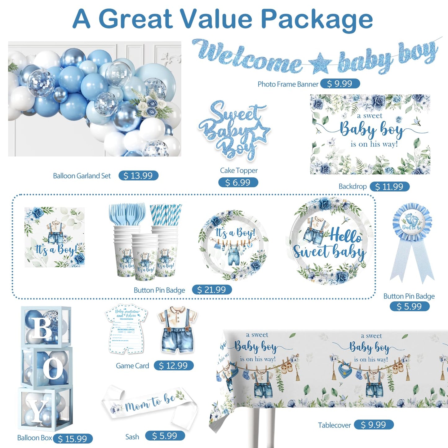 cocomigo 260PCS Baby Boy Baby Shower Decorations All-in-One Set with Baby Boy Balloon Arch, Tableware, Advice Cards, Cake Topper, Balloon Box, Backdrop, Sash, Corsage, Etc. Serves 20