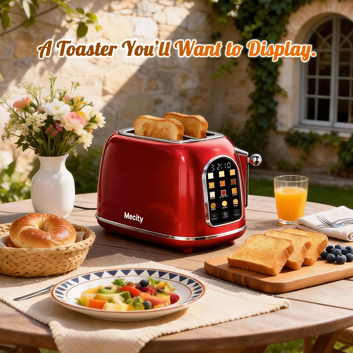 Mecity Toaster 2 Slice, Touch Screen Wide Slot Retro Toaster For Breads Bagel Muffin Waffle, House Warming Gift New Home, 120V 825W, Red Pearl