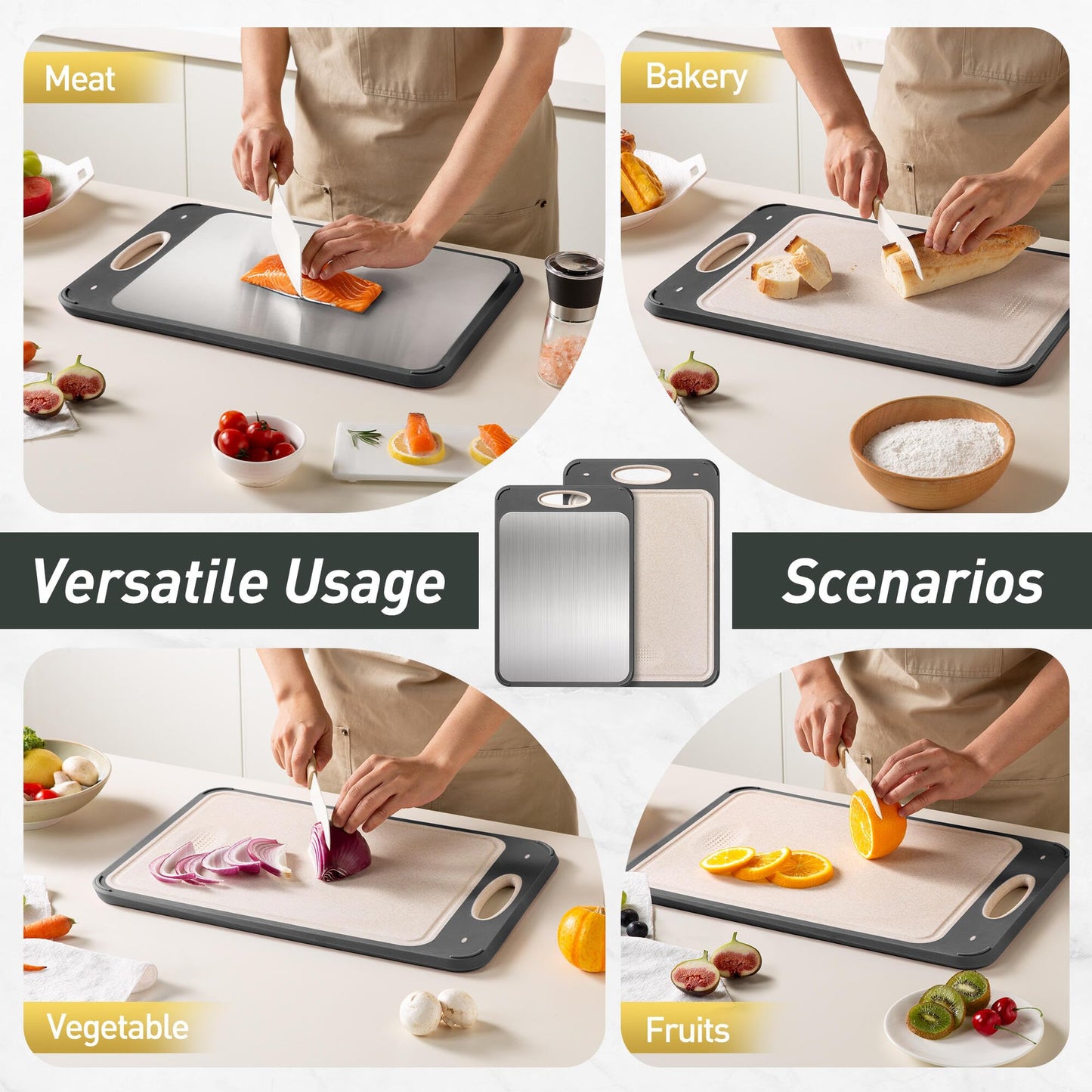 2 Packs Stainless Steel Cutting Board Set, Best Non Toxic Cutting Boards for Kitchen, Double Sided Metal Chopping Board for Meat/Fruit/Vegetables, Food Grade Kitchen Set Gift, [16”×11”+18”×12” Inch]