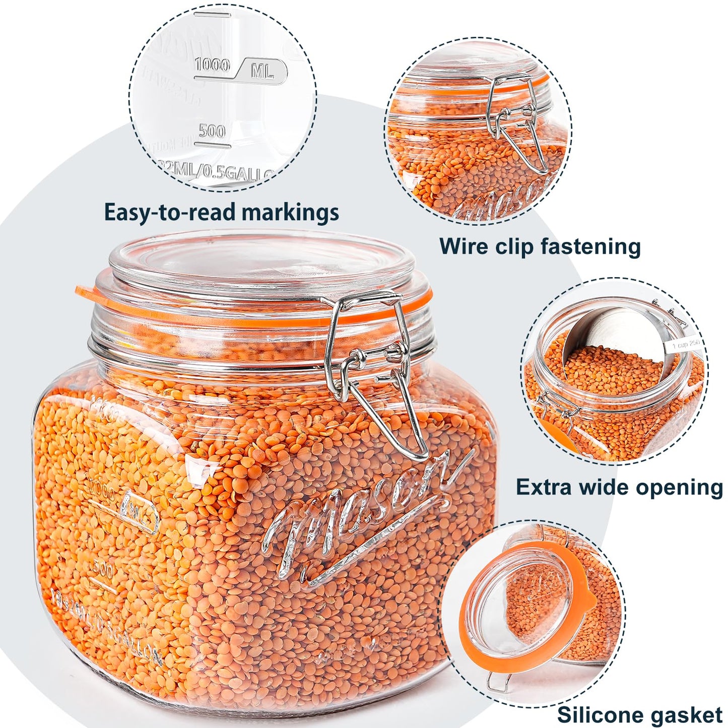 Dwbligt 2 Pack Half Gallon Mason Jar with Hinged Lid, Wide Mouth Glass Canisters for Food Storage, Cookie, Flour, Candy, Coffee, Pickle - 64 Oz Glass Jar with Lid - 2 Scale Marks & Vintage Mason Jars