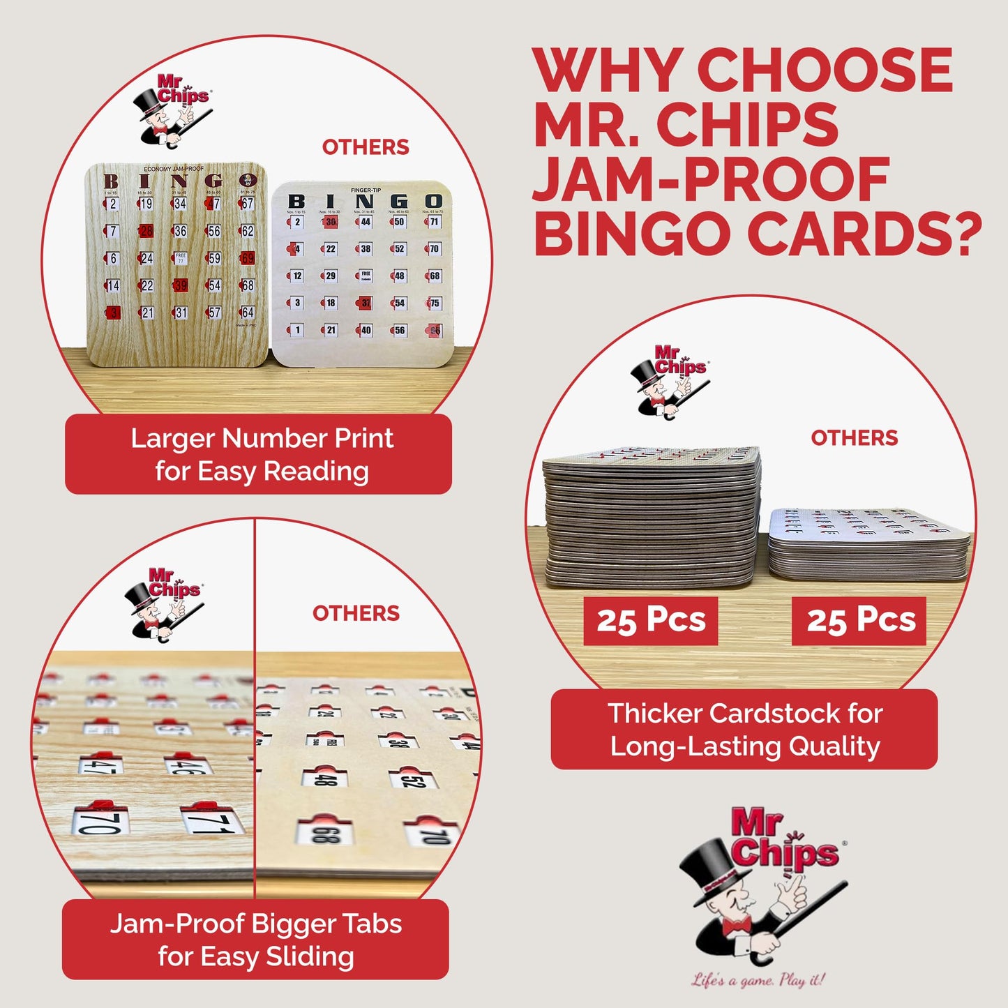 MR CHIPS Jam-Proof Bingo Cards with Sliding Windows, 50 Reusable Shutter Cards, 75 Calling Cards 1 Master Board in Tan Woodgrain Style