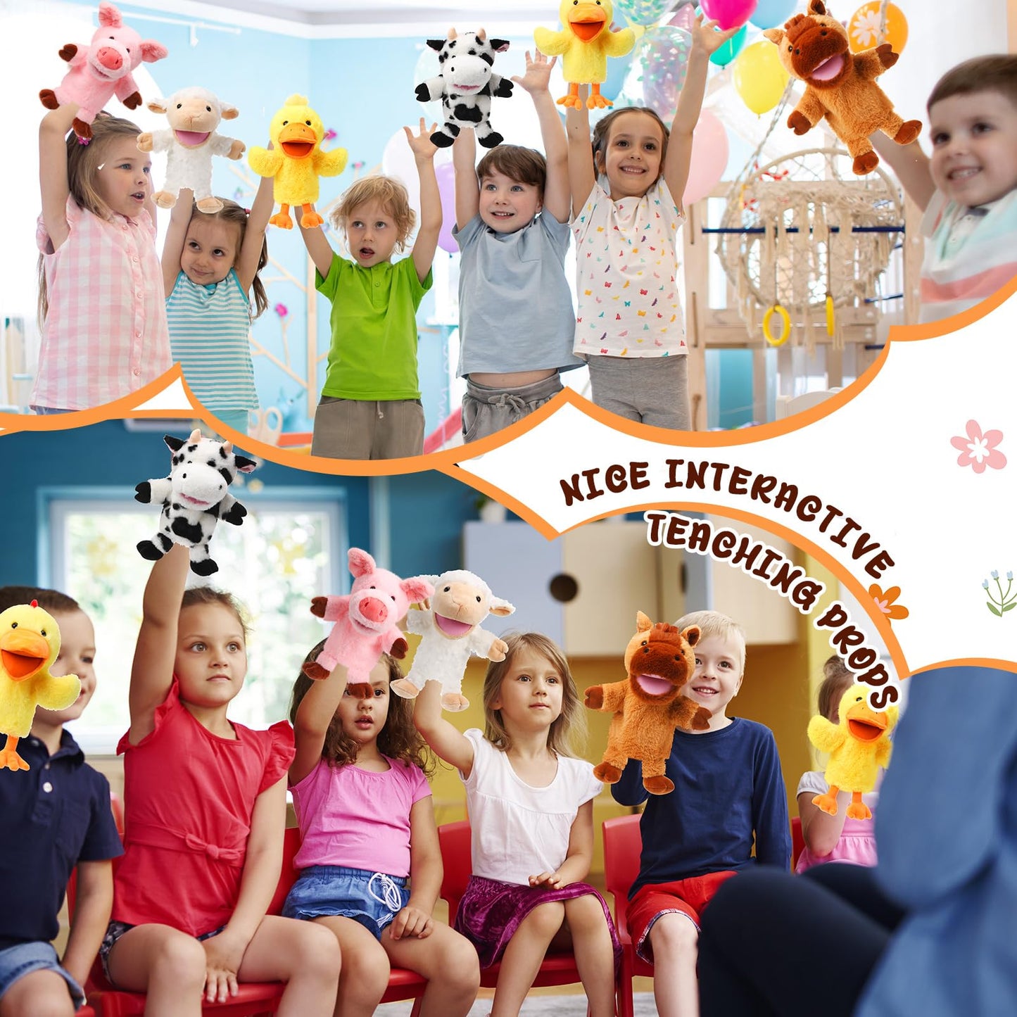 Lenwen 6 Pcs Operation Christmas Items Bulk Animal Hand Puppets with Working Mouth 10 Inches Plush Puppets for Toddler Kid Storytelling Imaginative Role Play Show Party Gifts(Farm Animal)