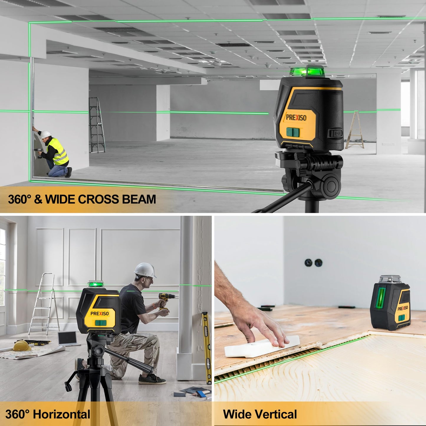 PREXISO 360 Laser Level with Tripod - IP54 Rechargeable Wide Angle Vertical Line Laser, 100Ft Green 3 Brightness Adjustment Self Leveling Cross Line for Construction, Floor Tile, Renovation