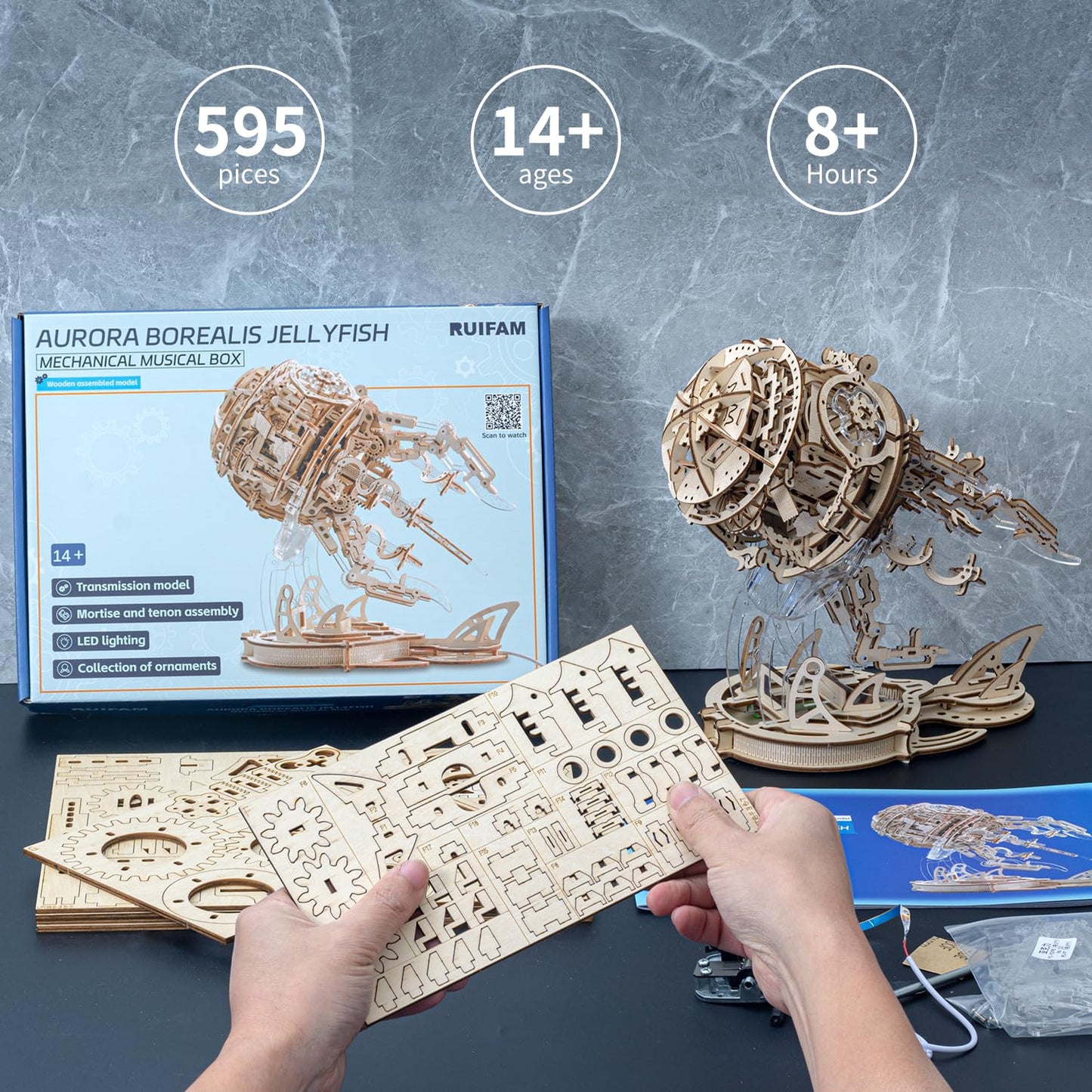 3D Wooden Puzzles for Adults, 3D Puzzle Model Aurora Jellyfish Toys Building Kits, DIY Wood Crafts Cool Toy Hobbies for Men Women, Creative Assembly Gifts