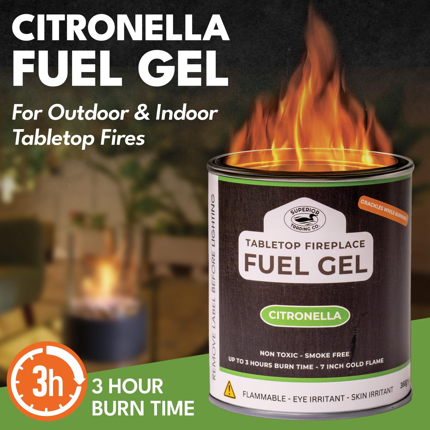 Superior Trading Co. Citronella Gel Fuel Cans, Clean-Burning Bioethanol, Smoke-Free, Fresh Scent 3-Hour Burn, Indoor & Outdoor Safe, 368g, 6 Pack