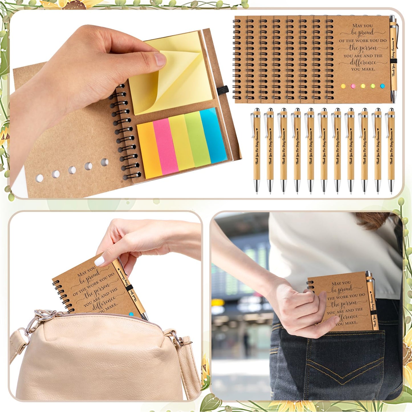 20 Sets Employee Appreciation Gifts Bulk Inspirational Spiral Notebook Journal with Sticky Notes Motivational Bamboo Pen Thank You Gifts for Teacher Graduation Nurse Coworkers Office Staff Team