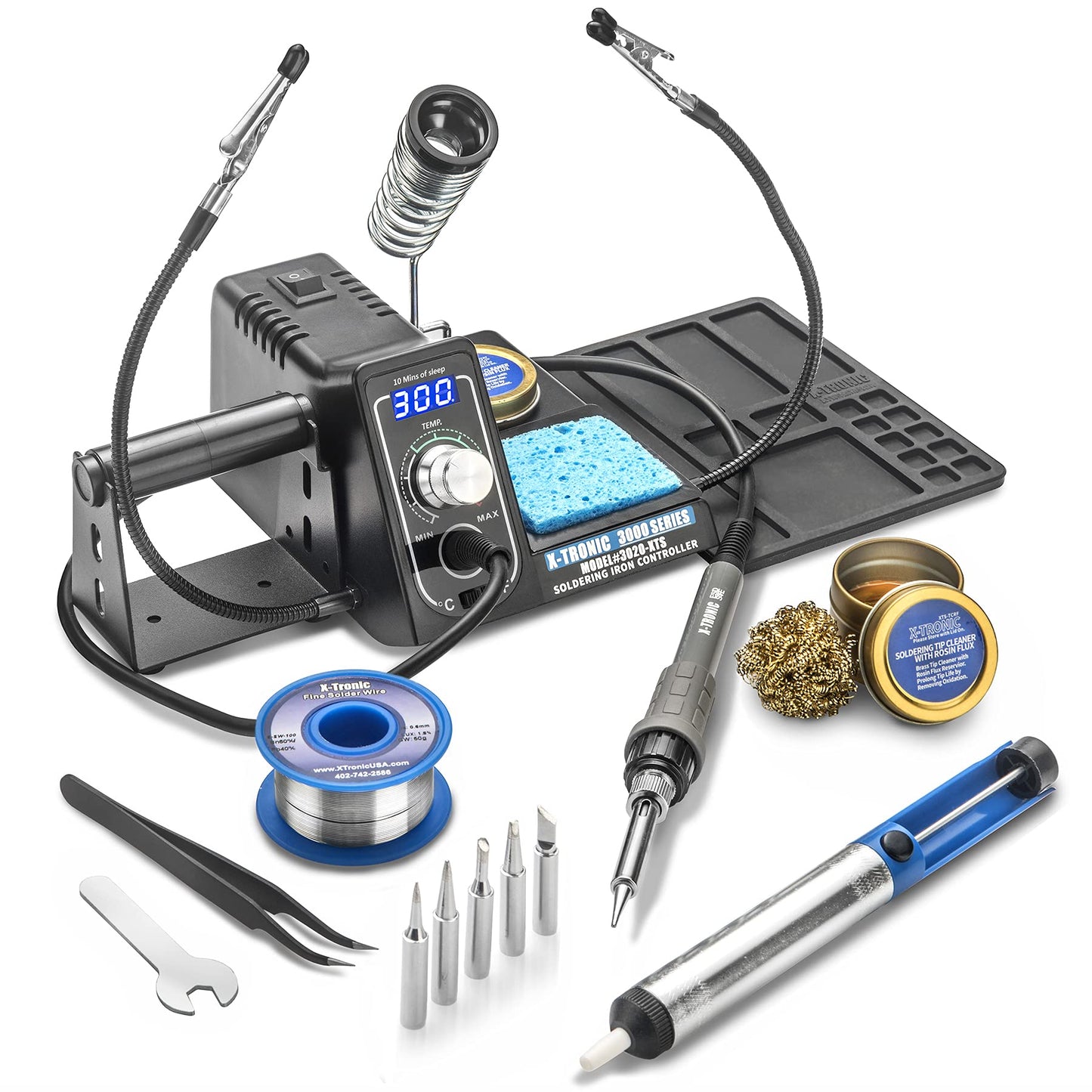 The Original X-Tronic 3020-XTS • 75W Soldering Iron Station Kit • 2 Helping Hands • 5 Extra Tips • Roll of Solder • Brass Sponge & Flux • Tweezers • Solder Sucker • °C/°F Toggle & Sleep Features!