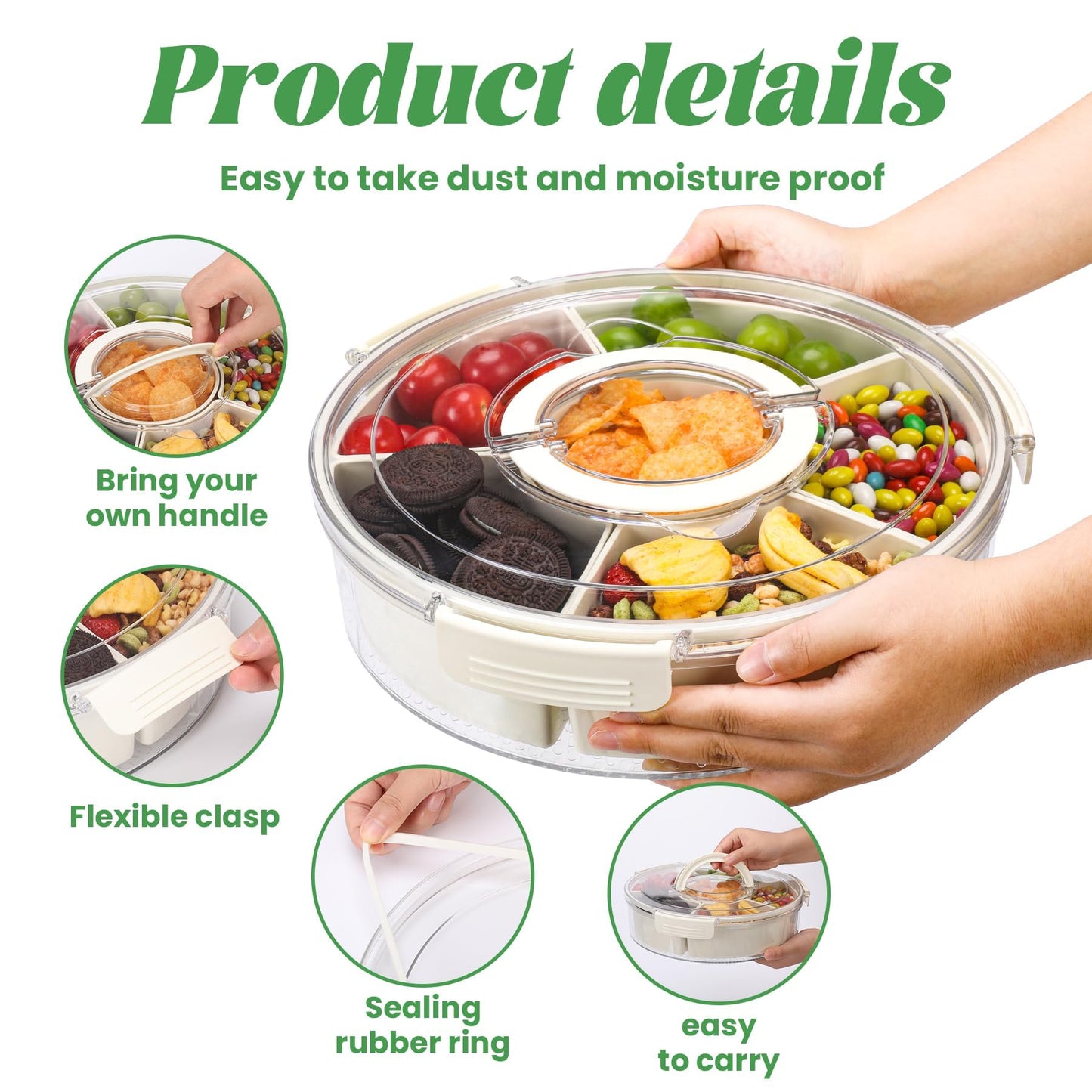 Snackle Box Container Divided Serving Tray with Lid, Handle, Spoon and Fork - Kitchen Portable Spinning Round Stackable Container with 6-Compartment for Veggies, Fruit, Candy, Party, Nuts, Essentials