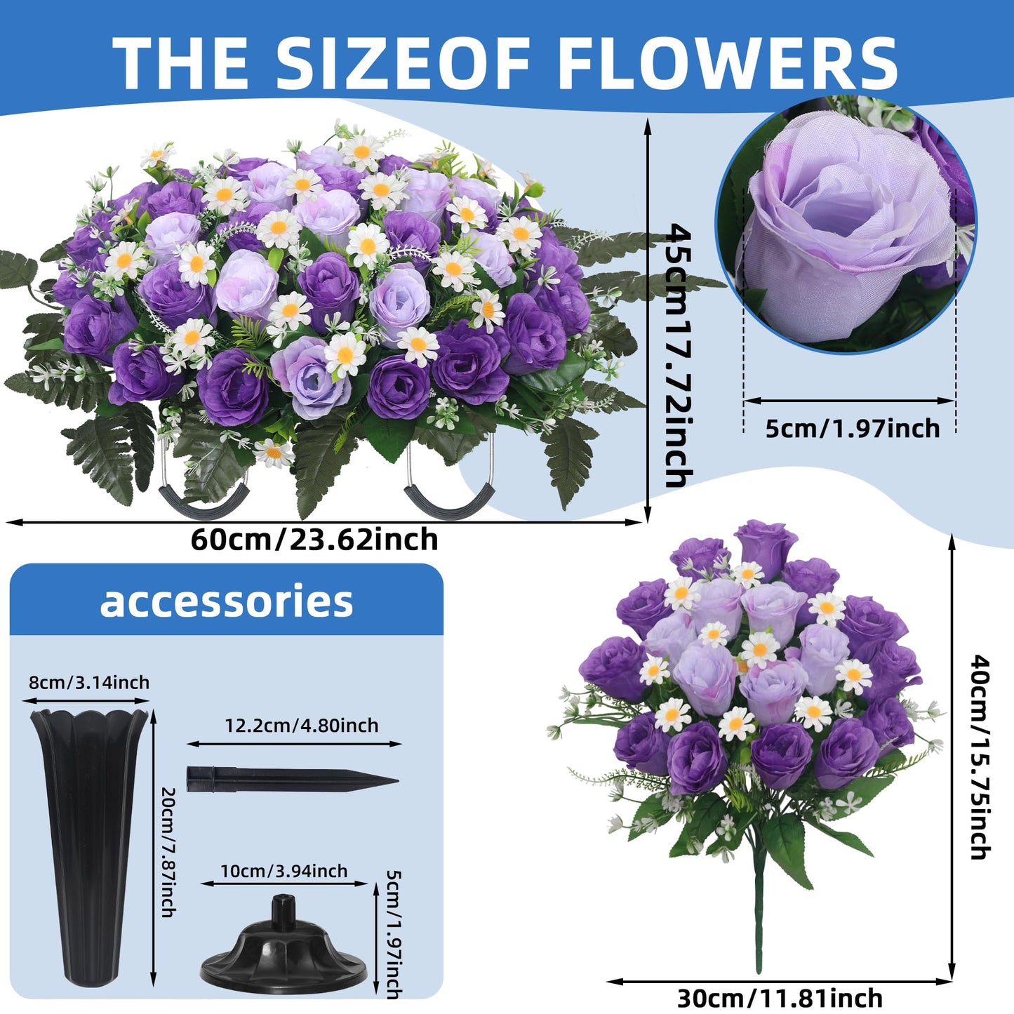 Wocst Headstone Flower Saddle,Large Artificial Cemetery Flowers for Grave 2Pack Artificial Silk Roses Daisy Bouquets with Cemetery Vases for Outdoor Grave Decorations (Purple)