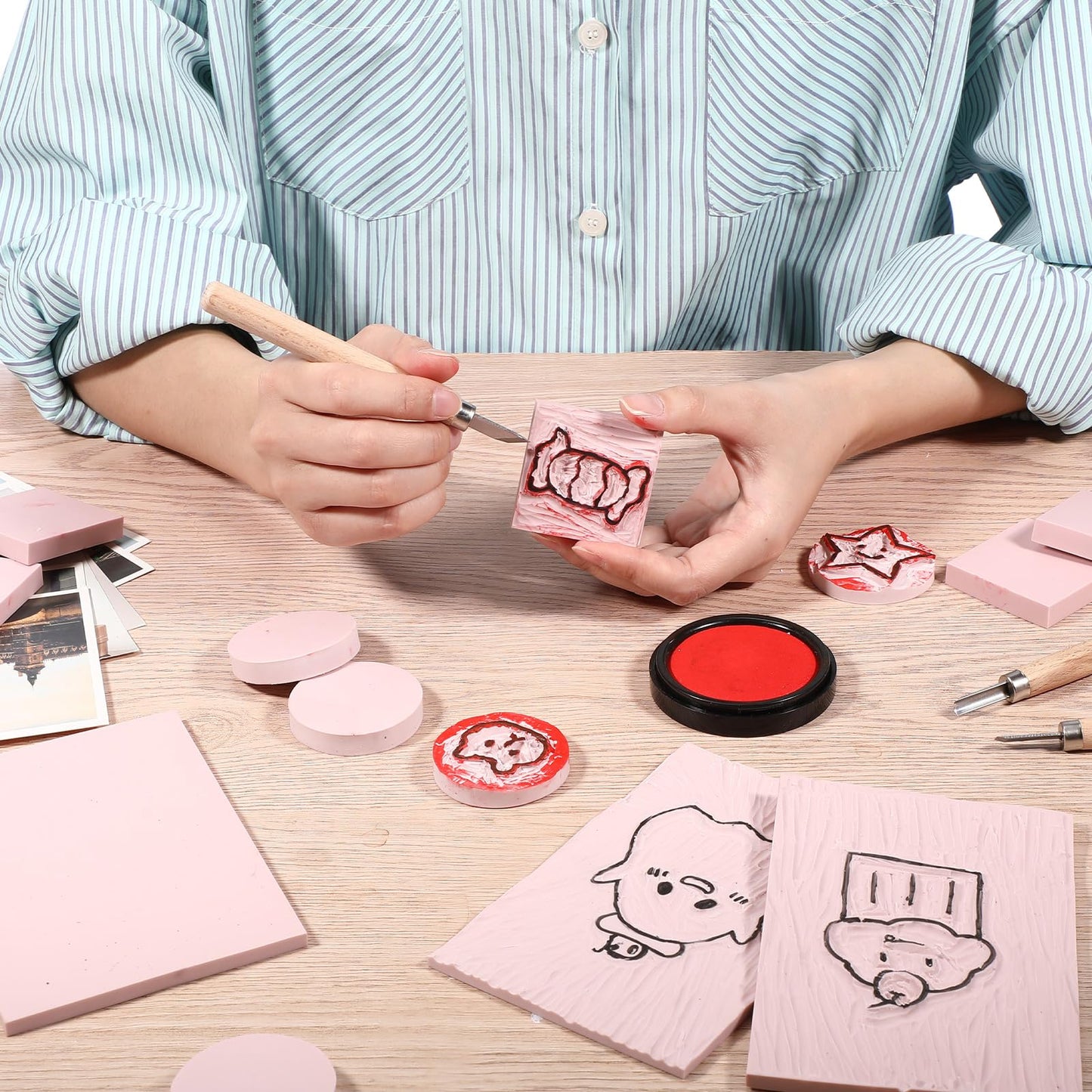 Innconee 36 Pcs Rubber Stamp Carving Blocks Pink Soft Linoleum Blocks Round Square Rectangle Carving Kit for Stamp Soft Rubber Crafts and DIY Craft Project