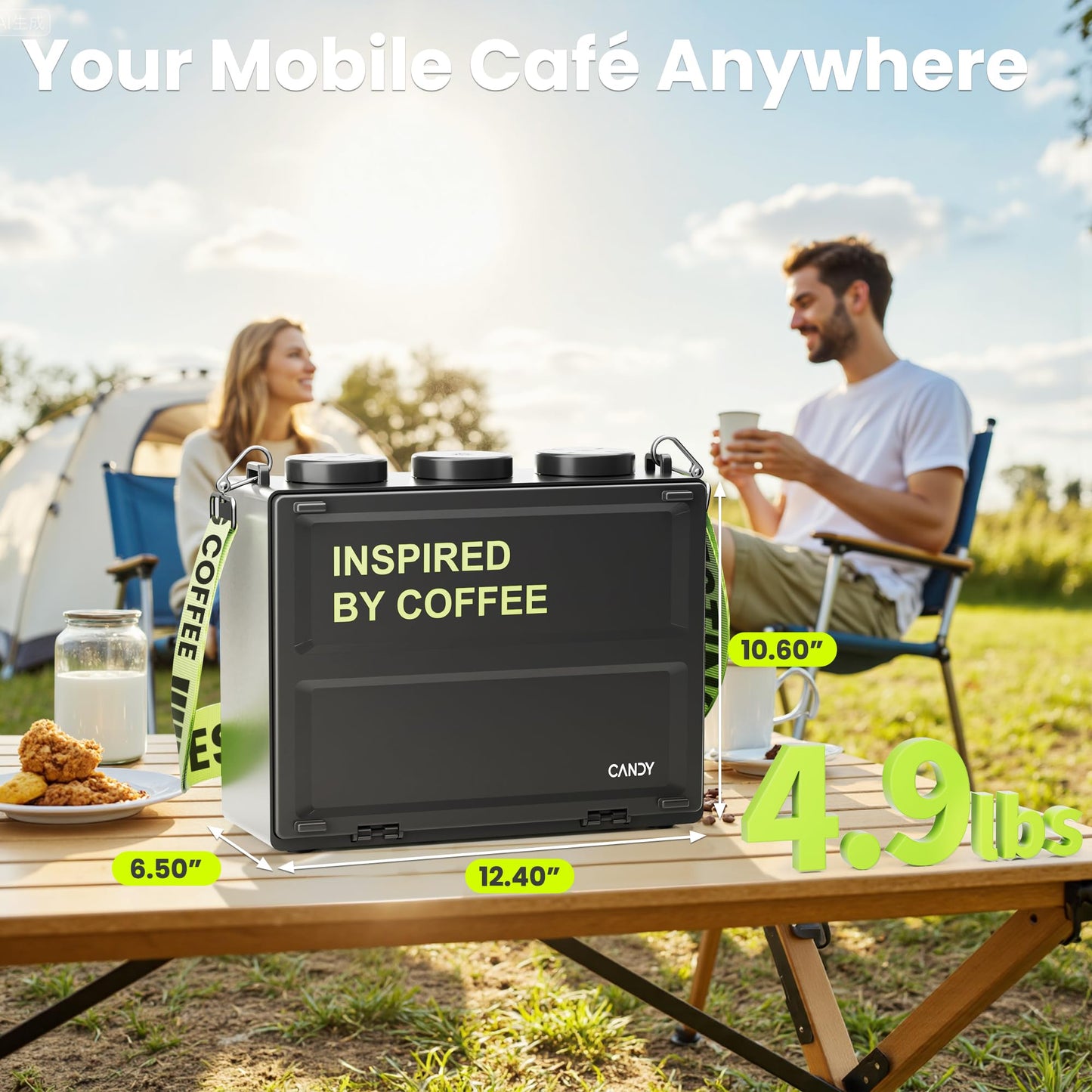 CANDY Portable Espresso Machine with Strap, 3 in 1 Coffee Maker, One-Touch Operation, Rechargeable Cold Brew Up to 60 Cups, for Ground, Ideal for Camping, RV & Outdoor, Home, Heating in Plug-in Mode