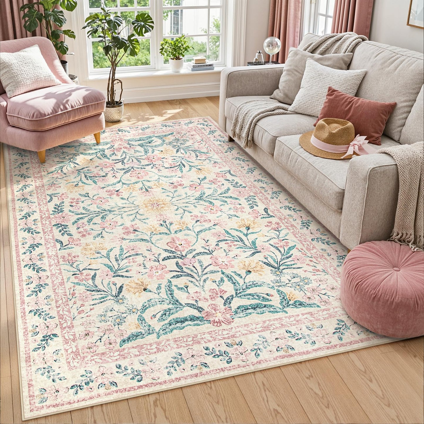 Lahome Pink Bedroom Rug for Girls Room Decor, 5x7 Washable Cute Playroom Nursery Rug, Soft Floral Low Pile Carpet for Kids Living Dining Room Indoor, Pink/Multi