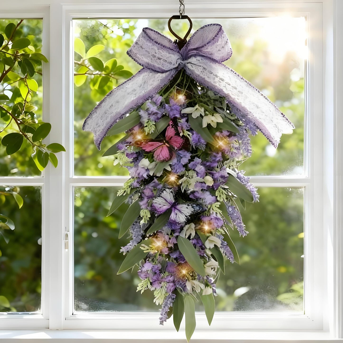Jusdreen LED Teardrop Floral Wreath with Butterflies, Faux Lavender Hanging Decor with Lights for Farmhouse Home