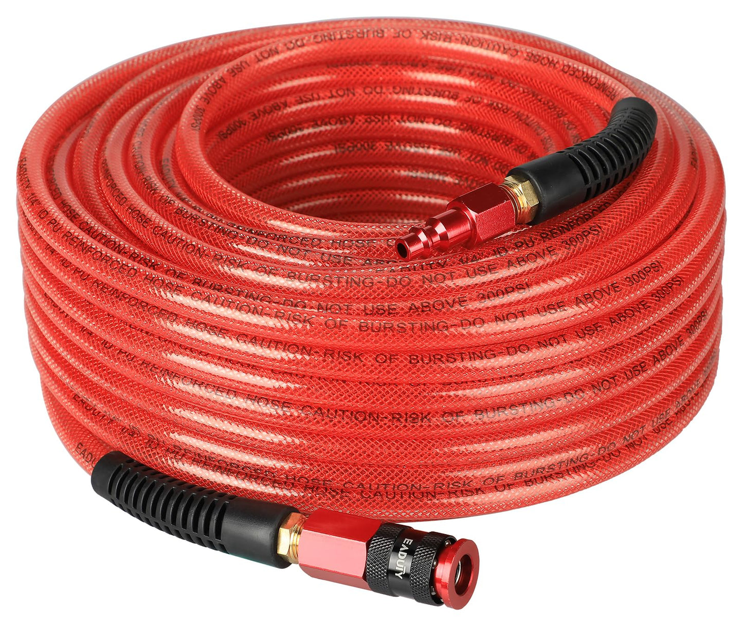 EADUTY Heavy Duty Reinforced Polyurethane Air Hose 1/4 in x 100 ft, Lightweight, Flexible Compressor Hose with Universal Quick Coupler, Plug and Bend Restrictors, Red