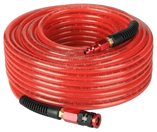 EADUTY Heavy Duty Reinforced Polyurethane Air Hose 1/4 in x 100 ft, Lightweight, Flexible Compressor Hose with Universal Quick Coupler, Plug and Bend Restrictors, Red
