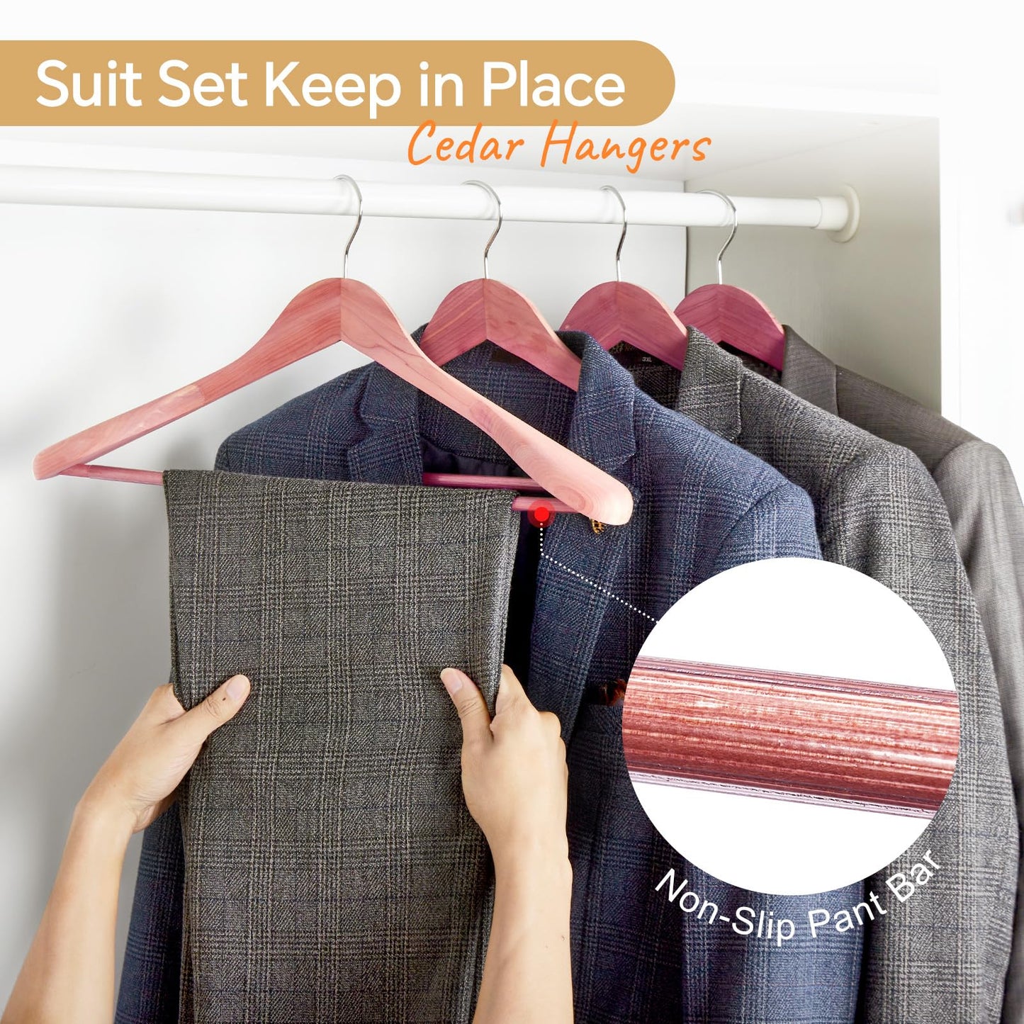 HOUSE DAY Wide Shoulder Cedar Hangers for Suits and Coats with Non Slip Pant Bar,360° Swivel Hook, Smooth Finish Cedar Wood Hangers for Closet, Closet Essentials, 10 Pack