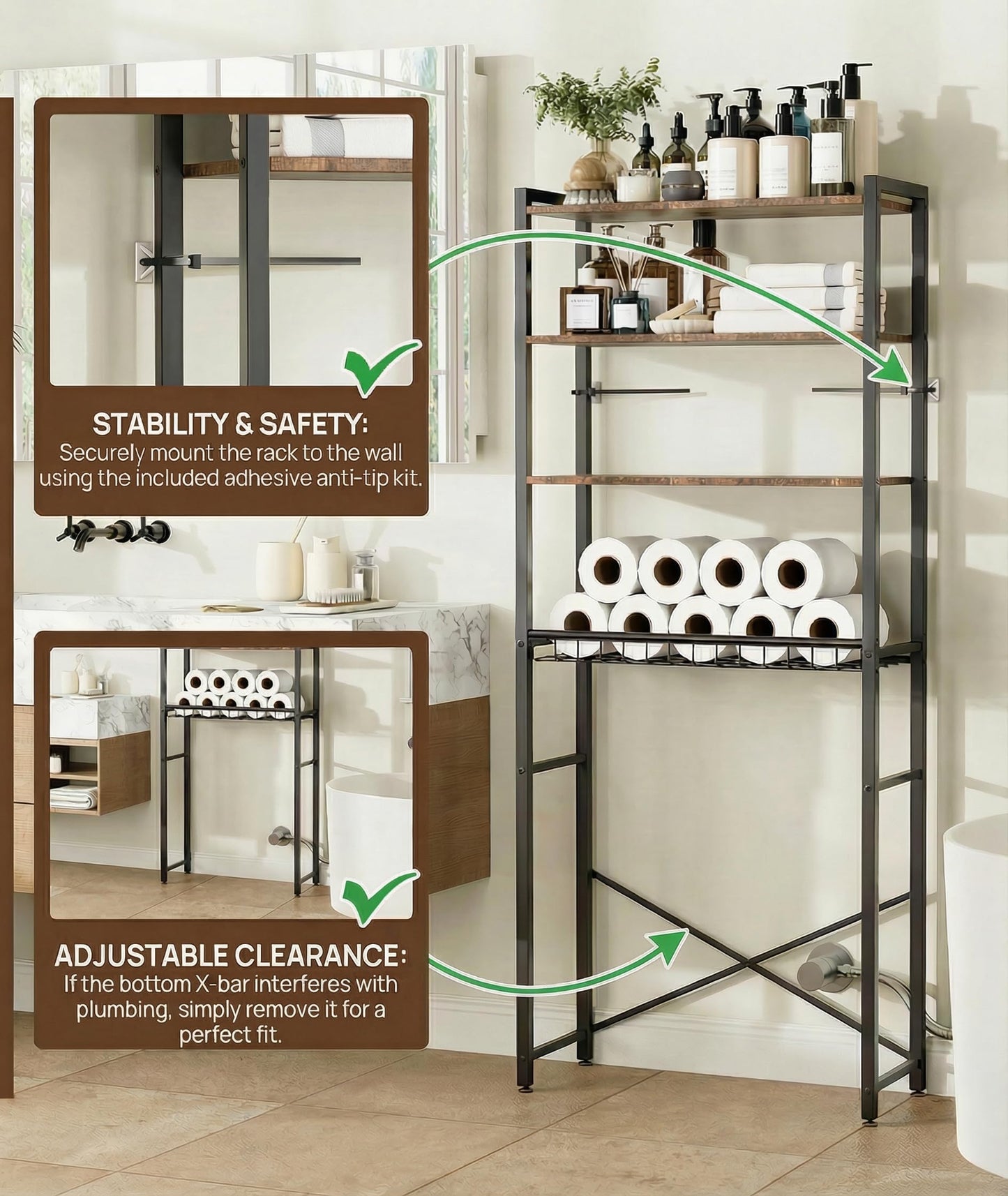 4-Tier Over-the-Toilet Storage Rack with One-Piece Wooden Shelves & Open Net Basket, Bathroom Organizer with Adjustable Feet & Anti-Tip Kit, Space-Saving Toilet Shelf, Brown, 24.4" x 9.4" x 69.3"