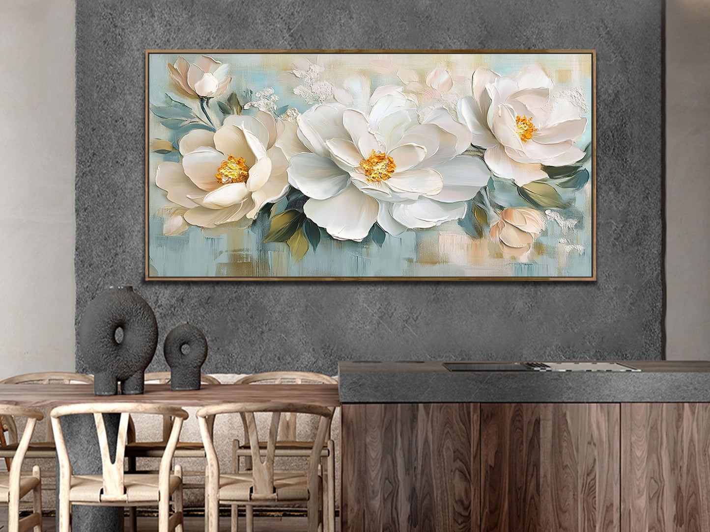Enartly White Flowers Framed Wall Art for Living Room, 3D Textured Floral Canvas Painting Sage Florals Picture Artwork for Bedroom Dining Room Kitchen Home Office Wall Decor, 40"x20"
