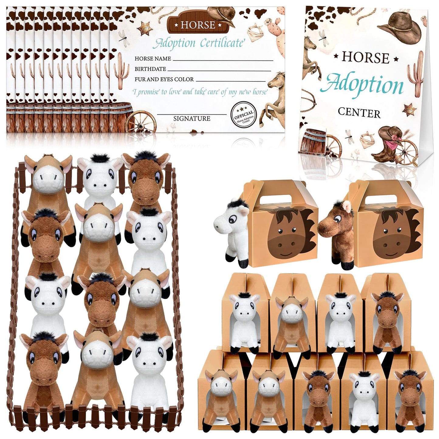 38 Pcs Horse Adopt Party Favor Include 12 4.72 Inch Horse Stuffed Animals 12 Foldable Horses Boxes 12 Adoption Certificates 1 Adoption Card 1 Fence for Adopt a Pony