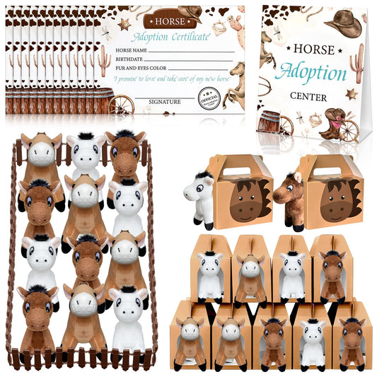 38 Pcs Horse Adopt Party Favor Include 12 4.72 Inch Horse Stuffed Animals 12 Foldable Horses Boxes 12 Adoption Certificates 1 Adoption Card 1 Fence for Adopt a Pony