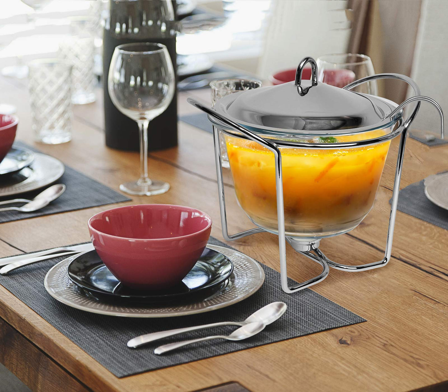 4 Quart Soup Warmer | Soup Tureen for Parties Buffet, Stainless Steel Soup Chafer with Glass Serving Dish and Ladle