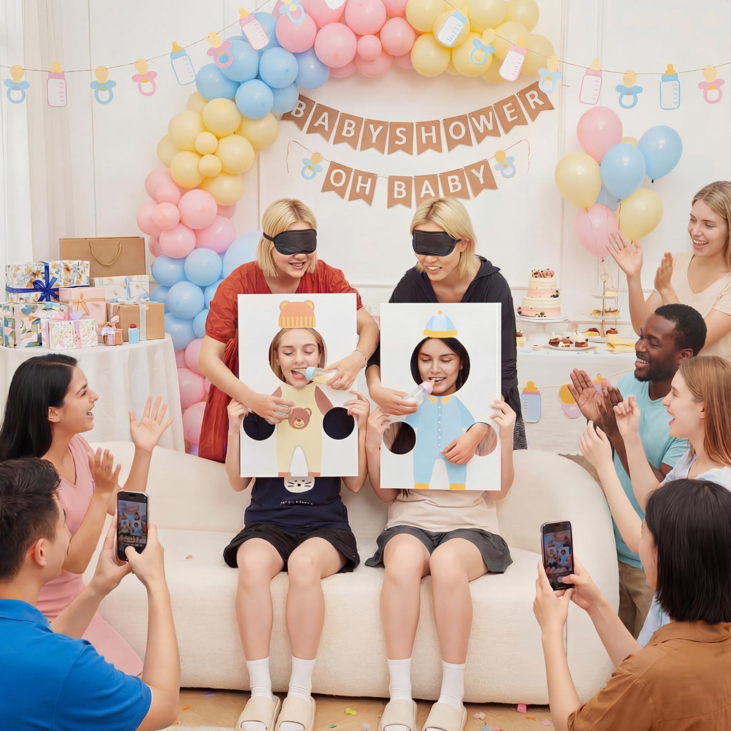 Fiwochic 6 Set Baby Shower Games Feed The Baby, Feed Me Games with 6 Pcs Kt Boards and 6 Pcs Eye Patches for Funny Shower Party Gender Reveal Activities Supplies(Gender-neutral,Multicolor)